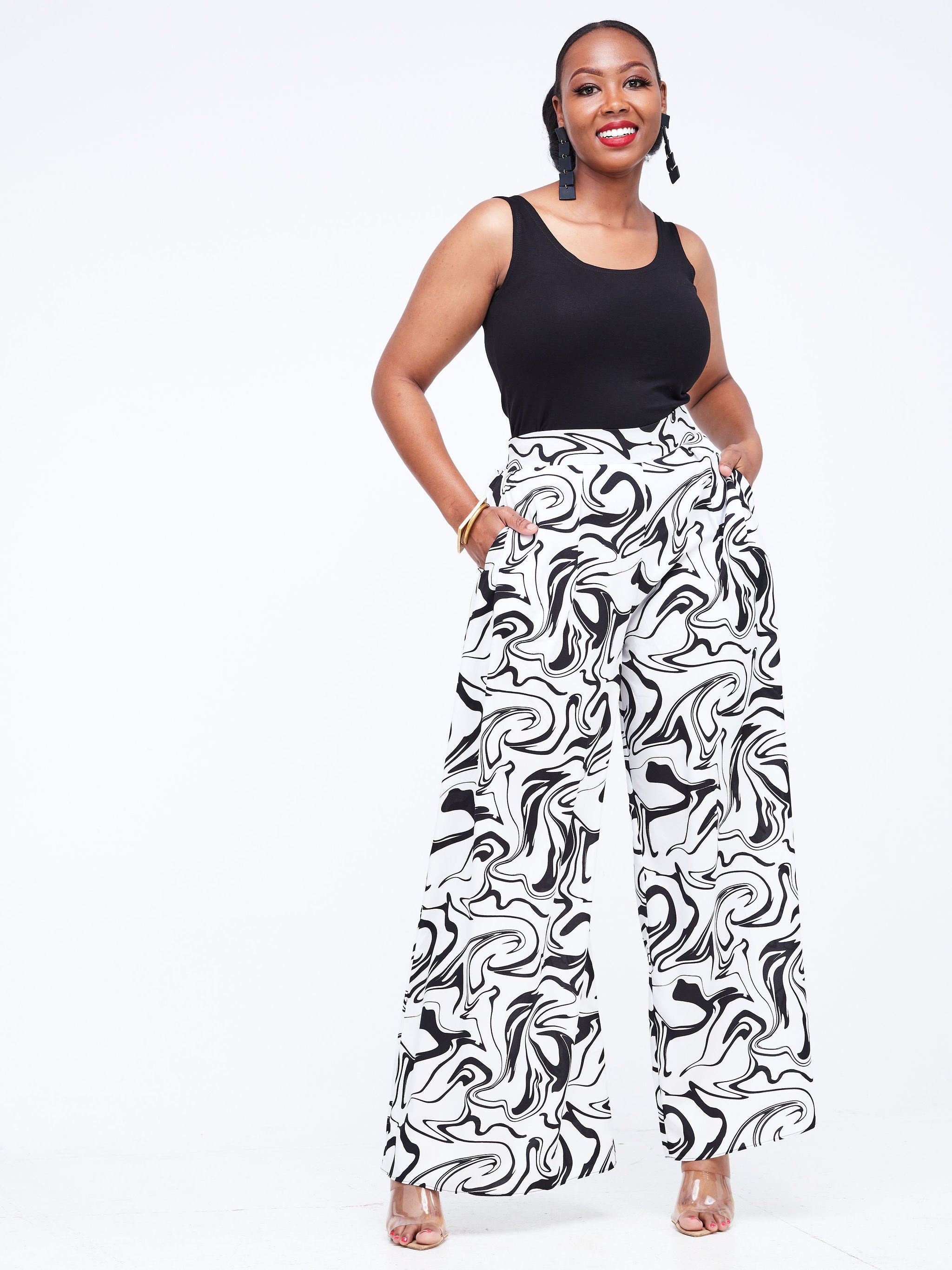 Vivo Basic Crepe Pants - White / Black Abstract Print