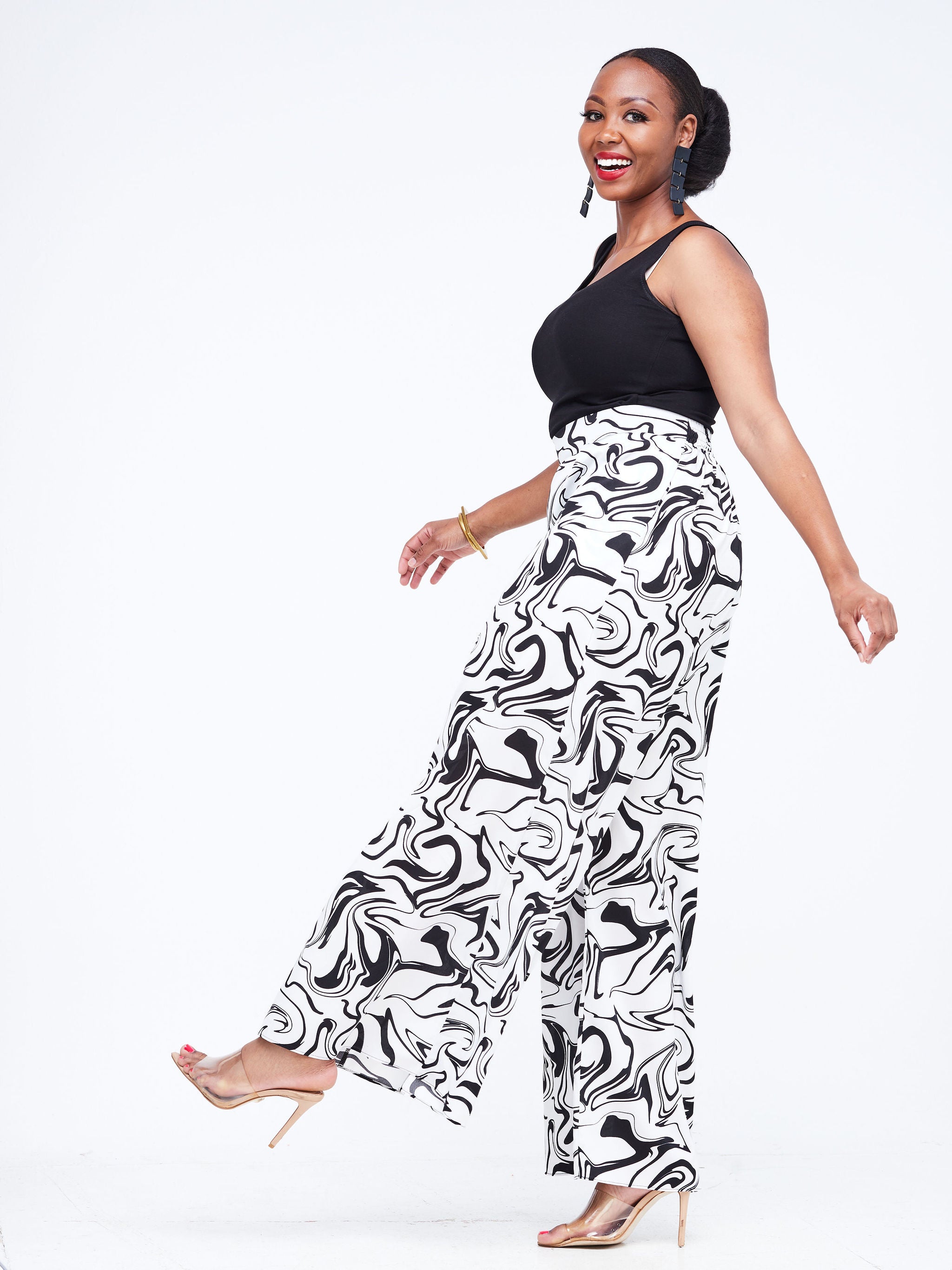 Vivo Basic Crepe Pants - White / Black Abstract Print
