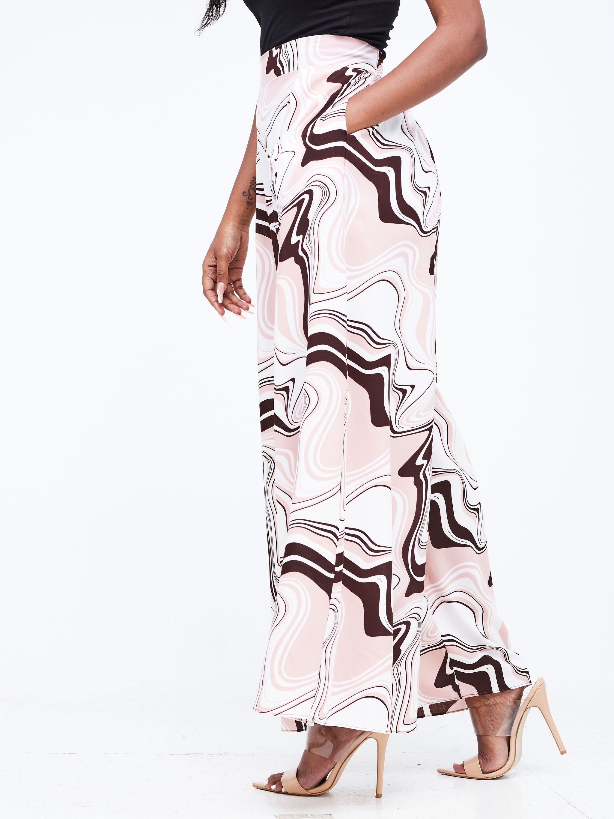 Vivo Basic Crepe Pants - Peach / Black  Abstract Print