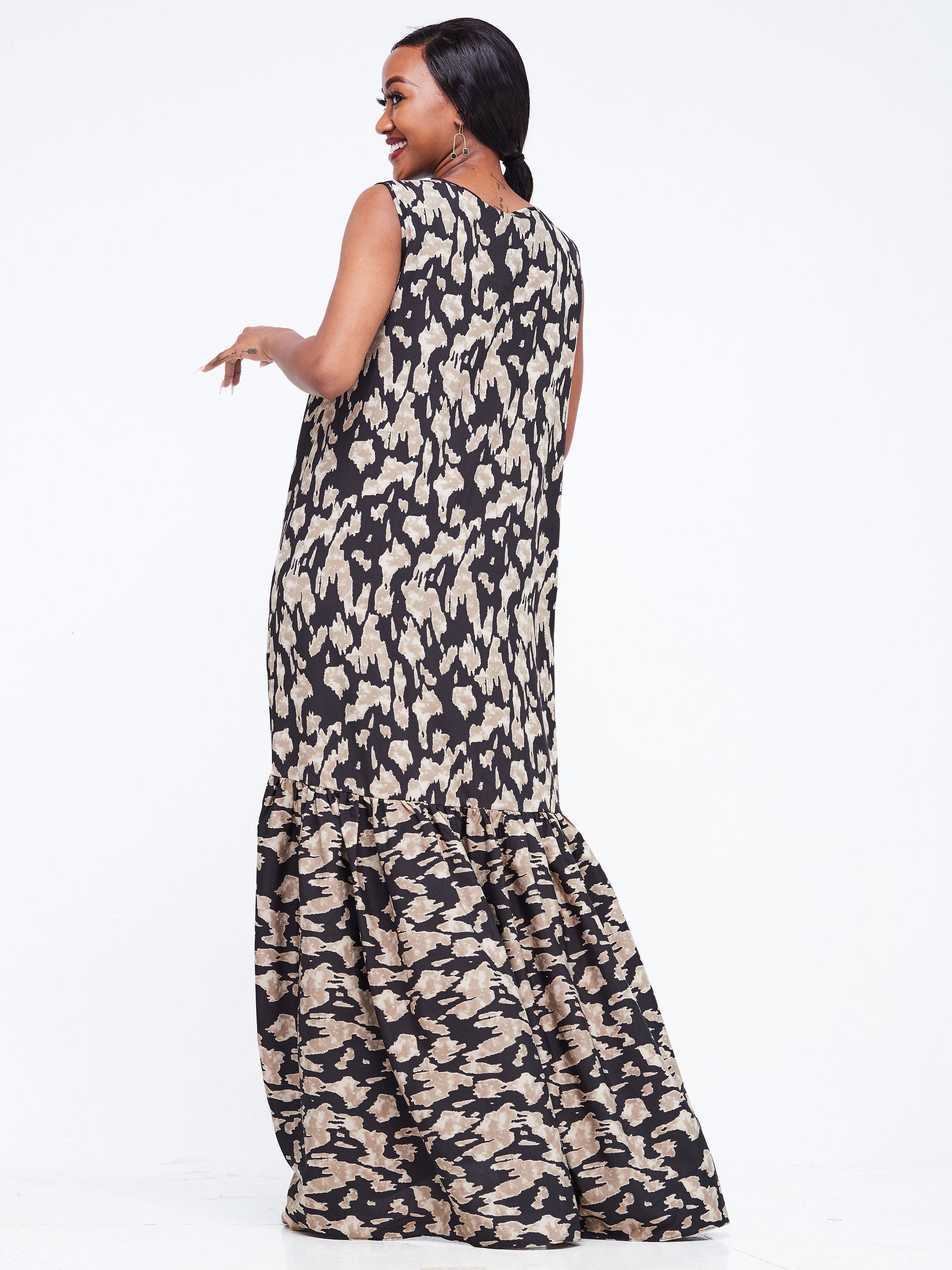 Safari Ayana Sleeveless Maxi Dress - Black / Brown Animal Print