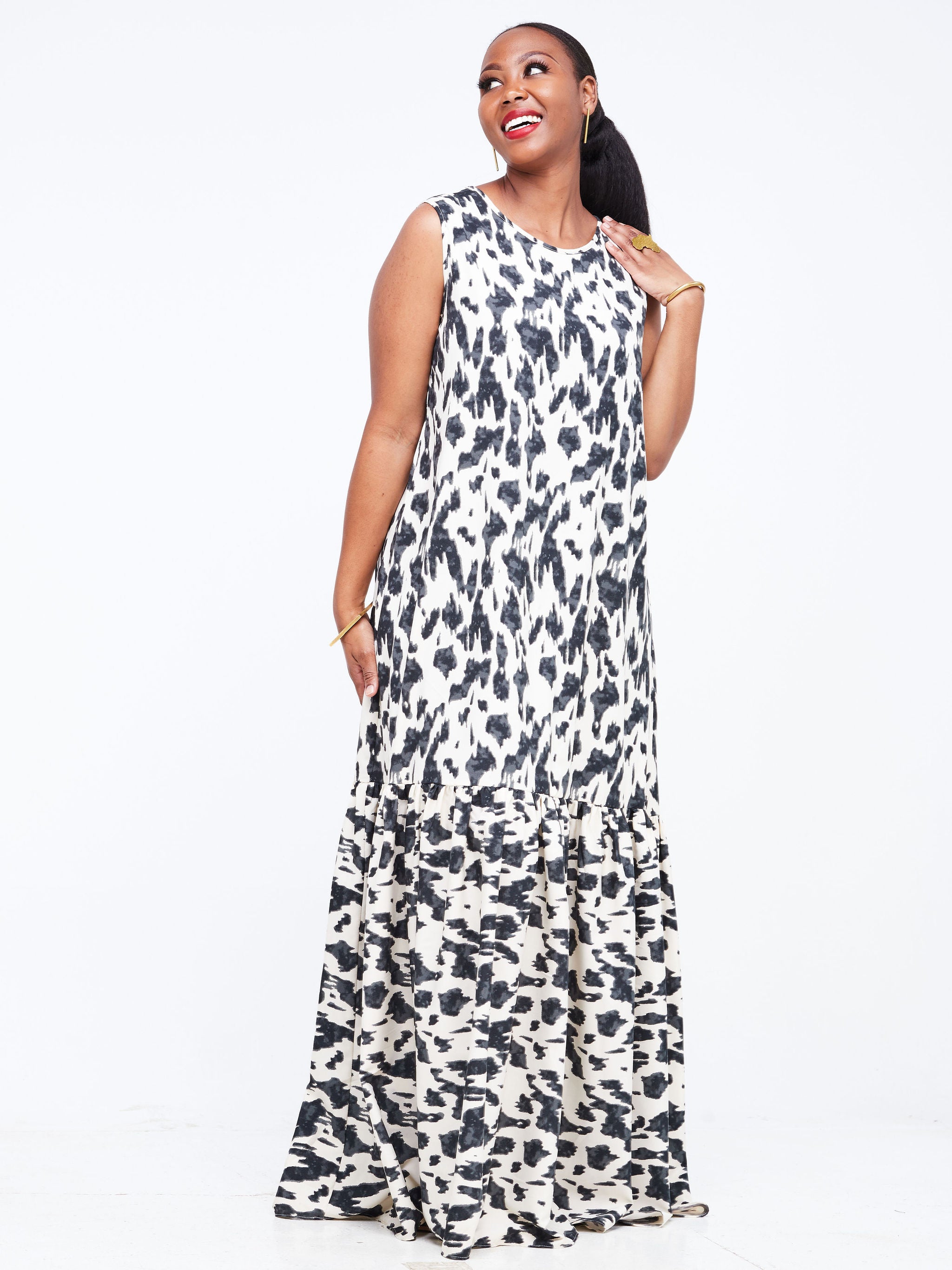 Safari Ayana Sleeveless Maxi Dress - Off White / Grey Animal Print