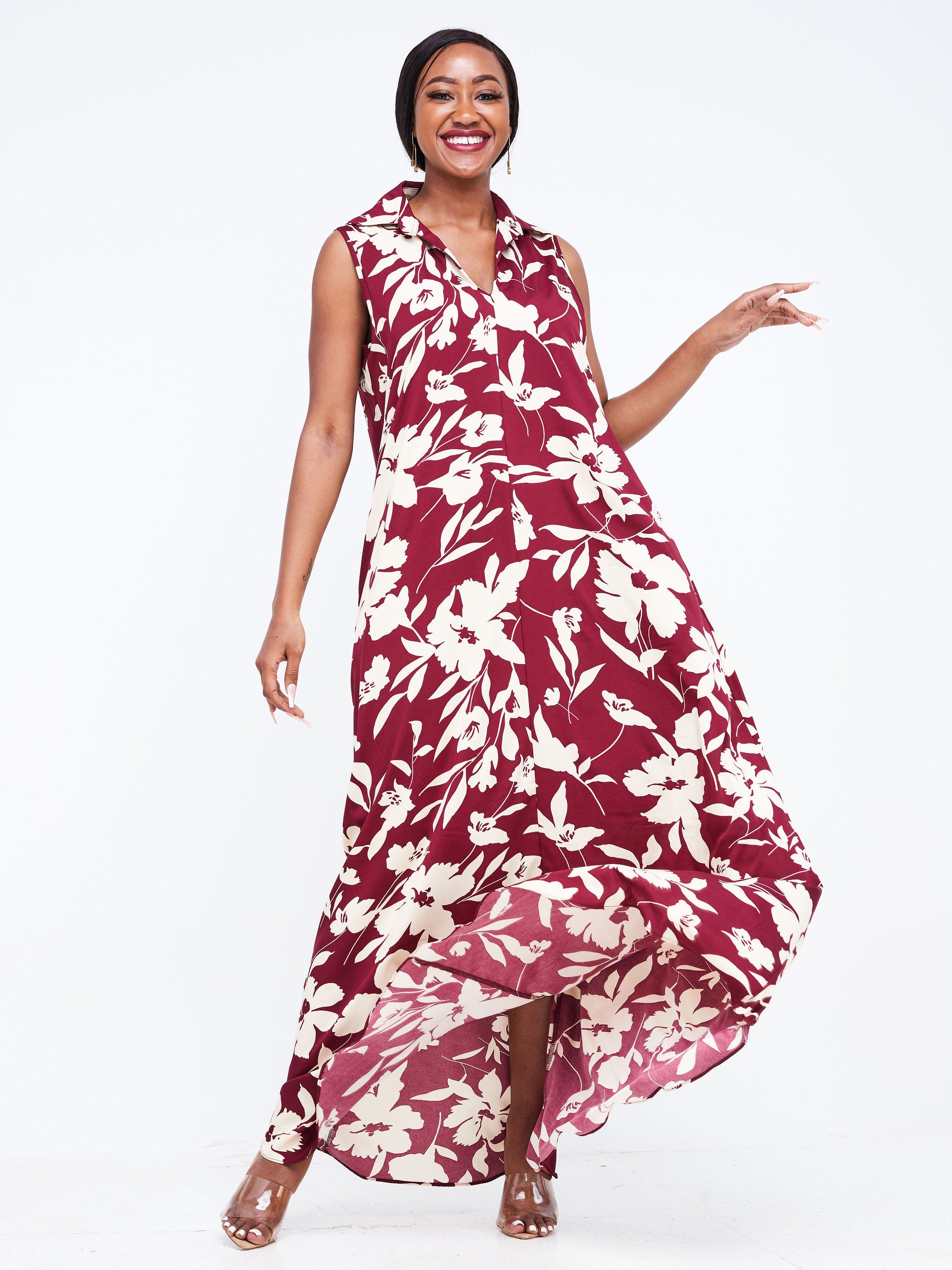 Vivo Zuri Sleeveless Tent Maxi Dress - Maroon / Beige Print