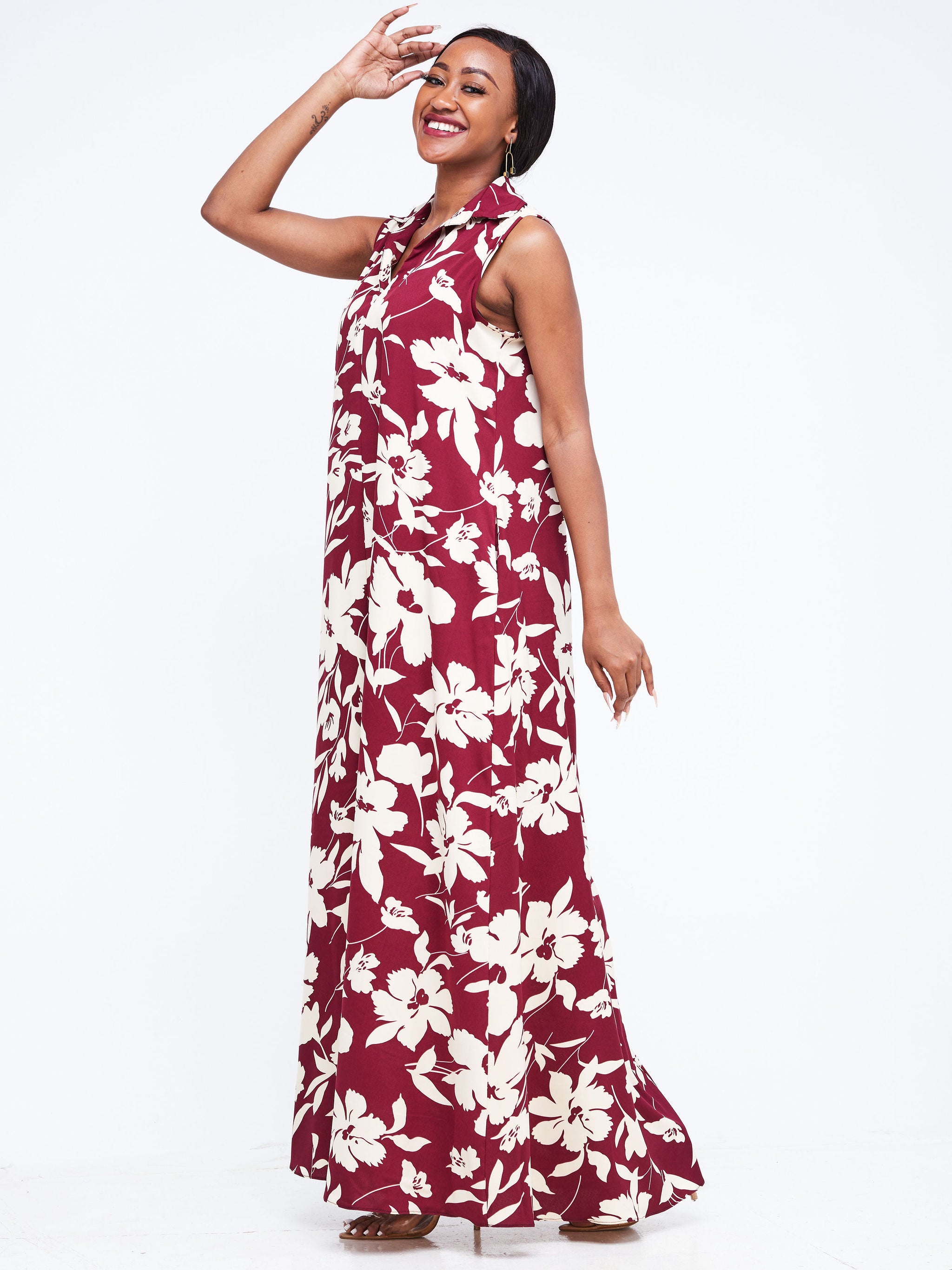 Vivo Zuri Sleeveless Tent Maxi Dress - Maroon / Beige Print