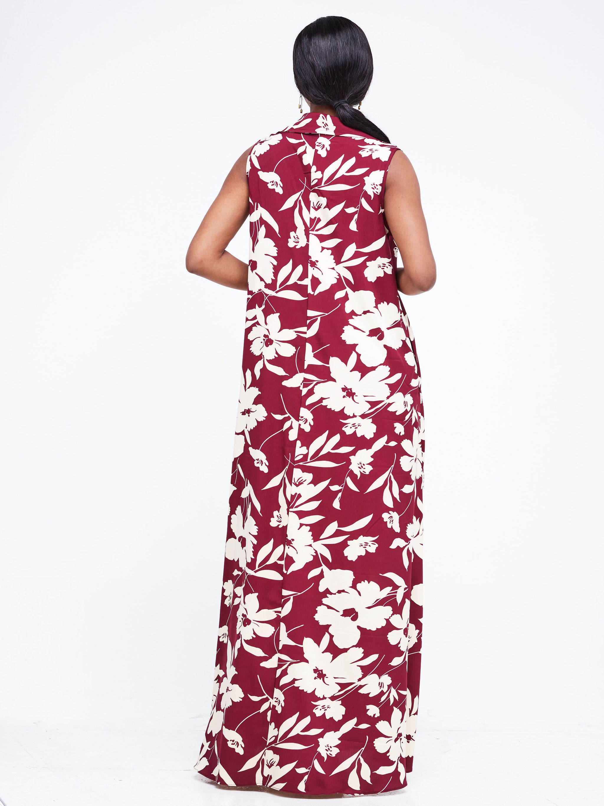 Vivo Zuri Sleeveless Tent Maxi Dress - Maroon / Beige Print