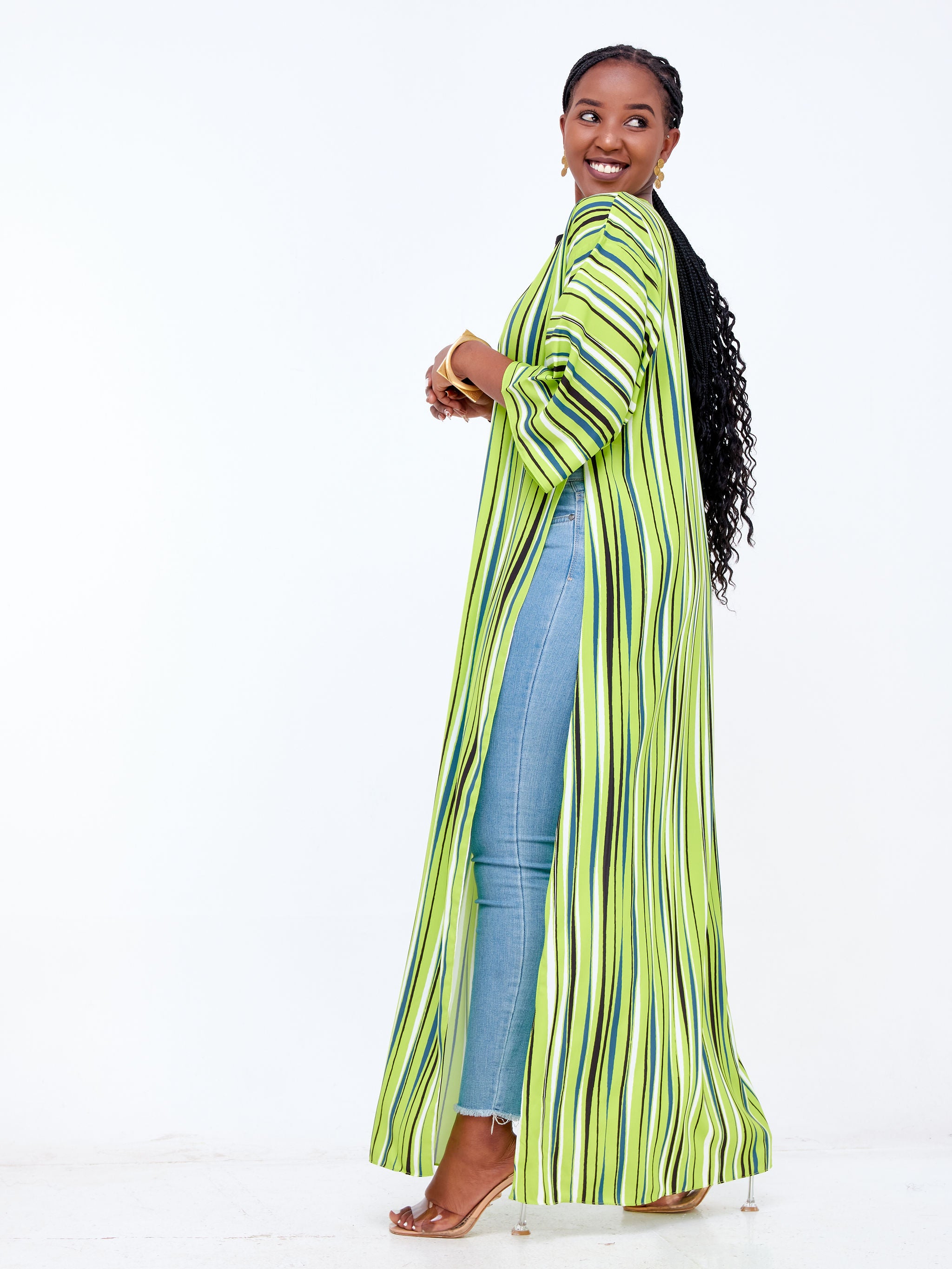 Vivo Basic Nandi High Slit Kimono - Lime Green / Black Stripes Print