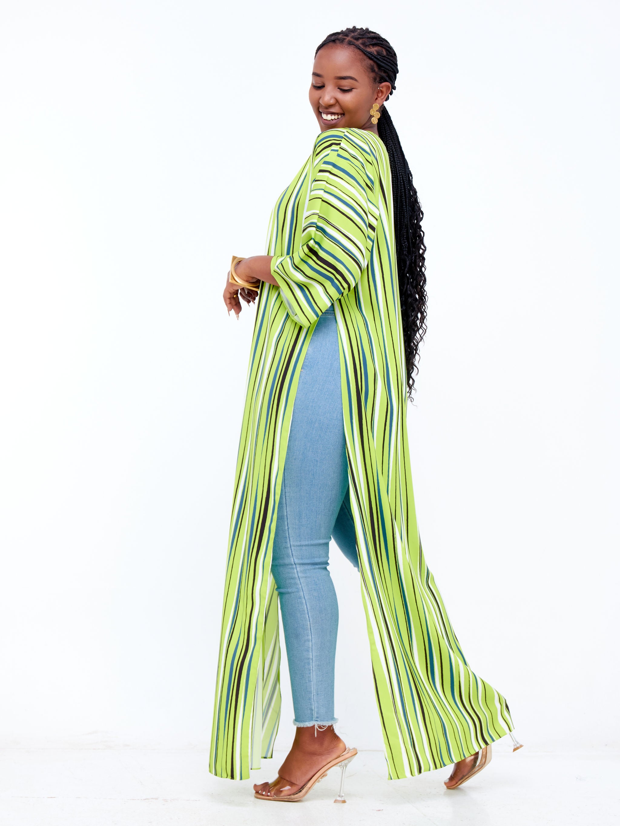 Vivo Basic Nandi High Slit Kimono - Lime Green / Black Stripes Print