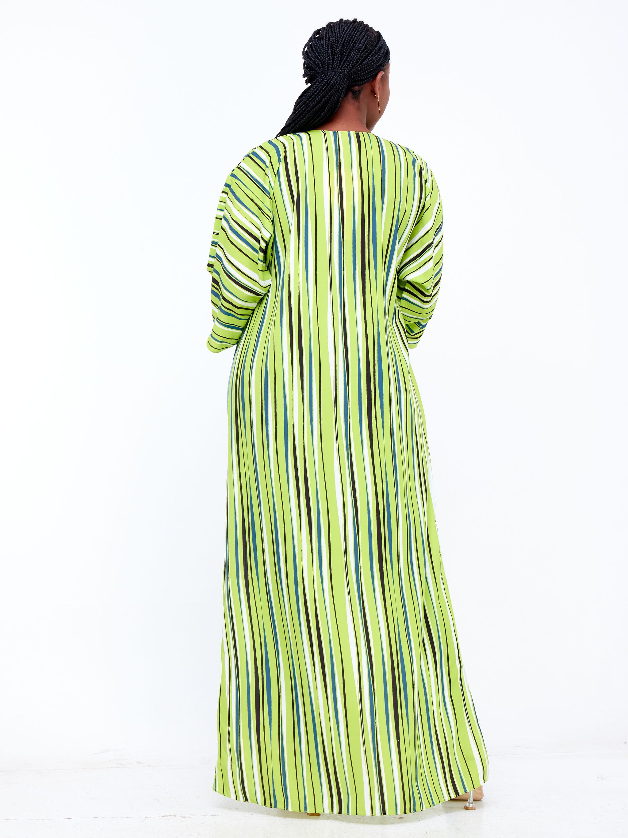 Vivo Basic Nandi High Slit Kimono - Lime Green / Black Stripes Print