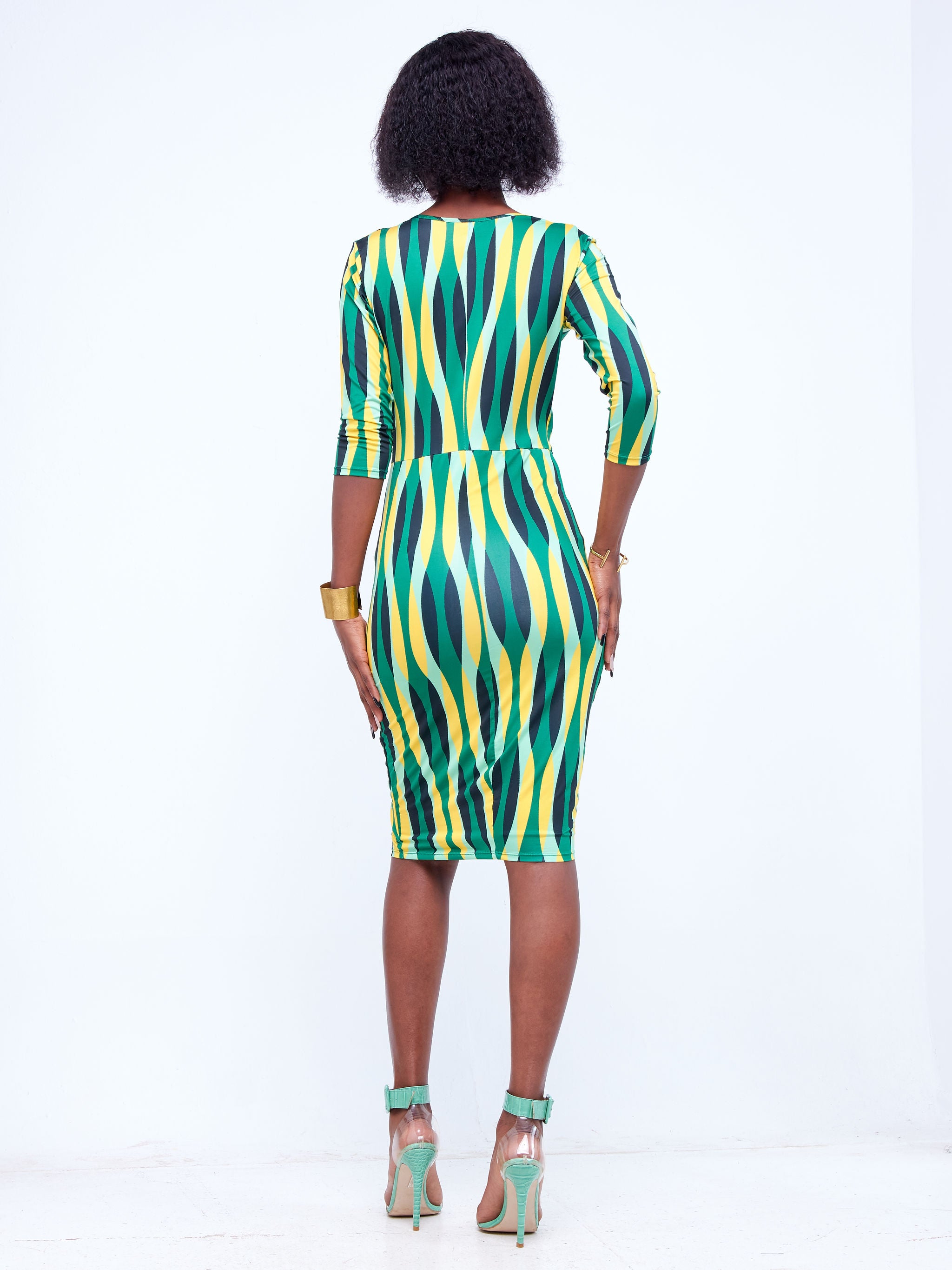 Vivo  Imali Faux Wrap Dress - Green / Yellow Abstract Print