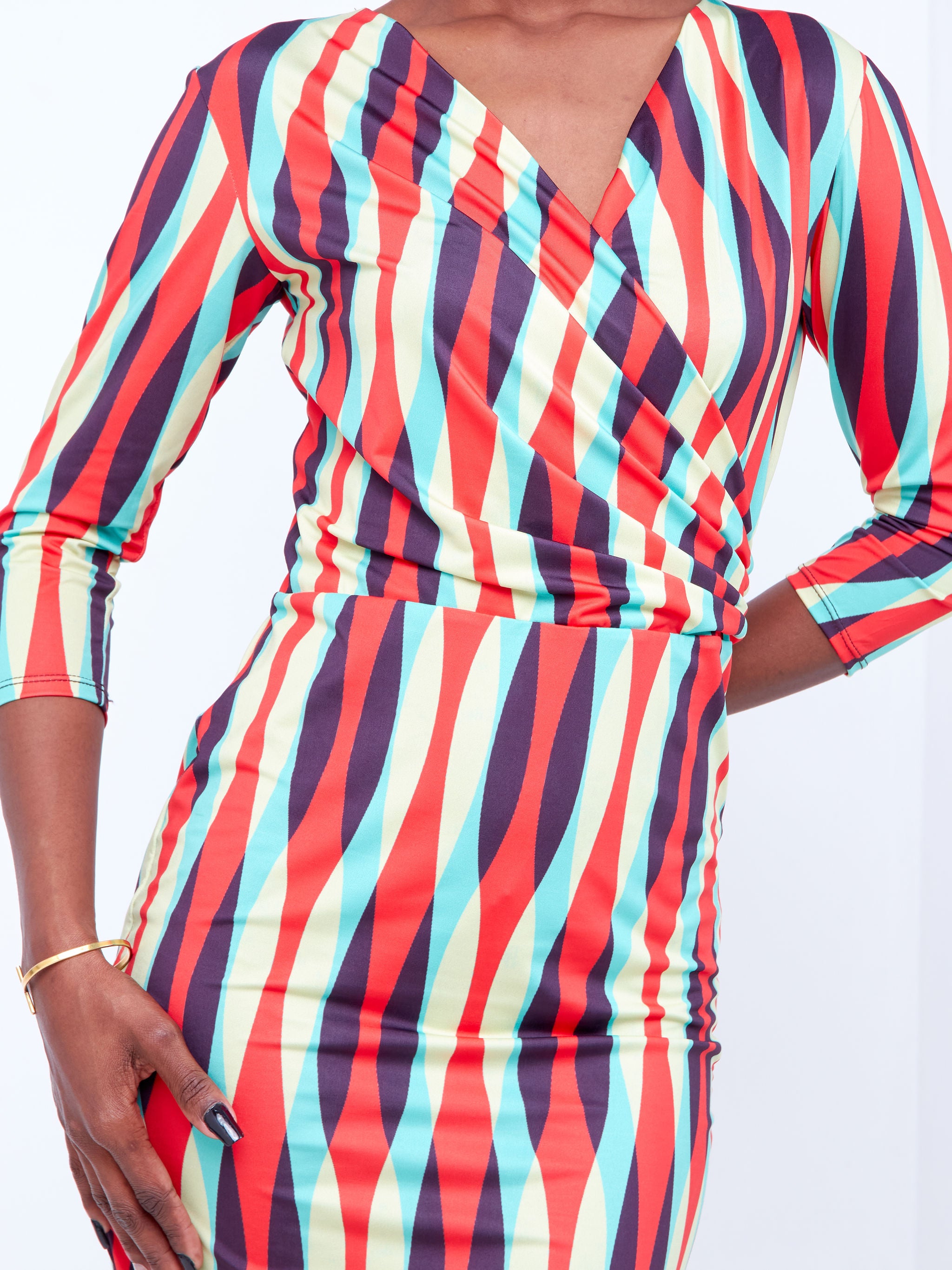 Vivo  Imali Faux Wrap Dress - Red / Yellow Abstract Print