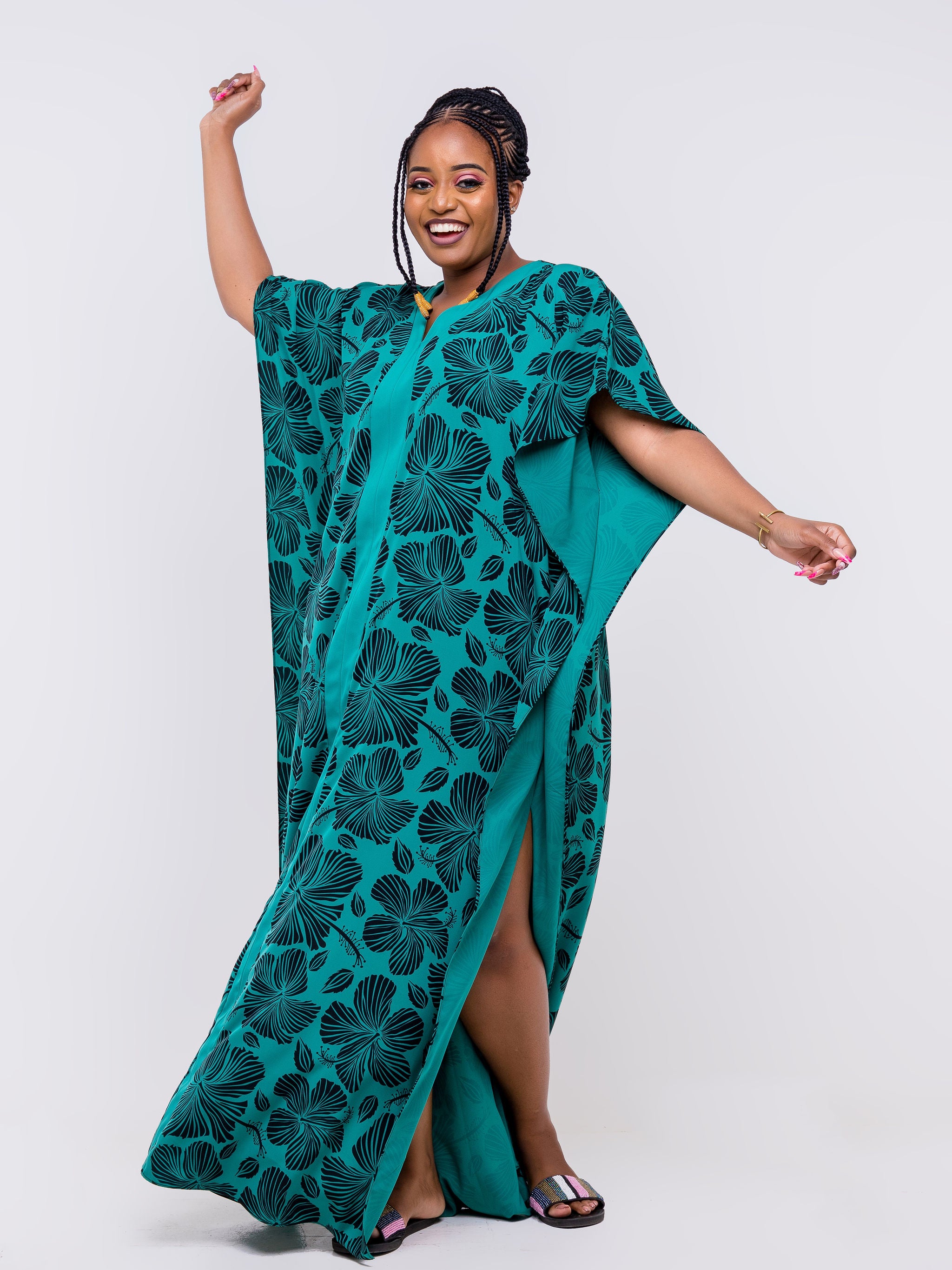 Vivo Zola Kaftan Maxi Dress - Teal / Black Floral Print