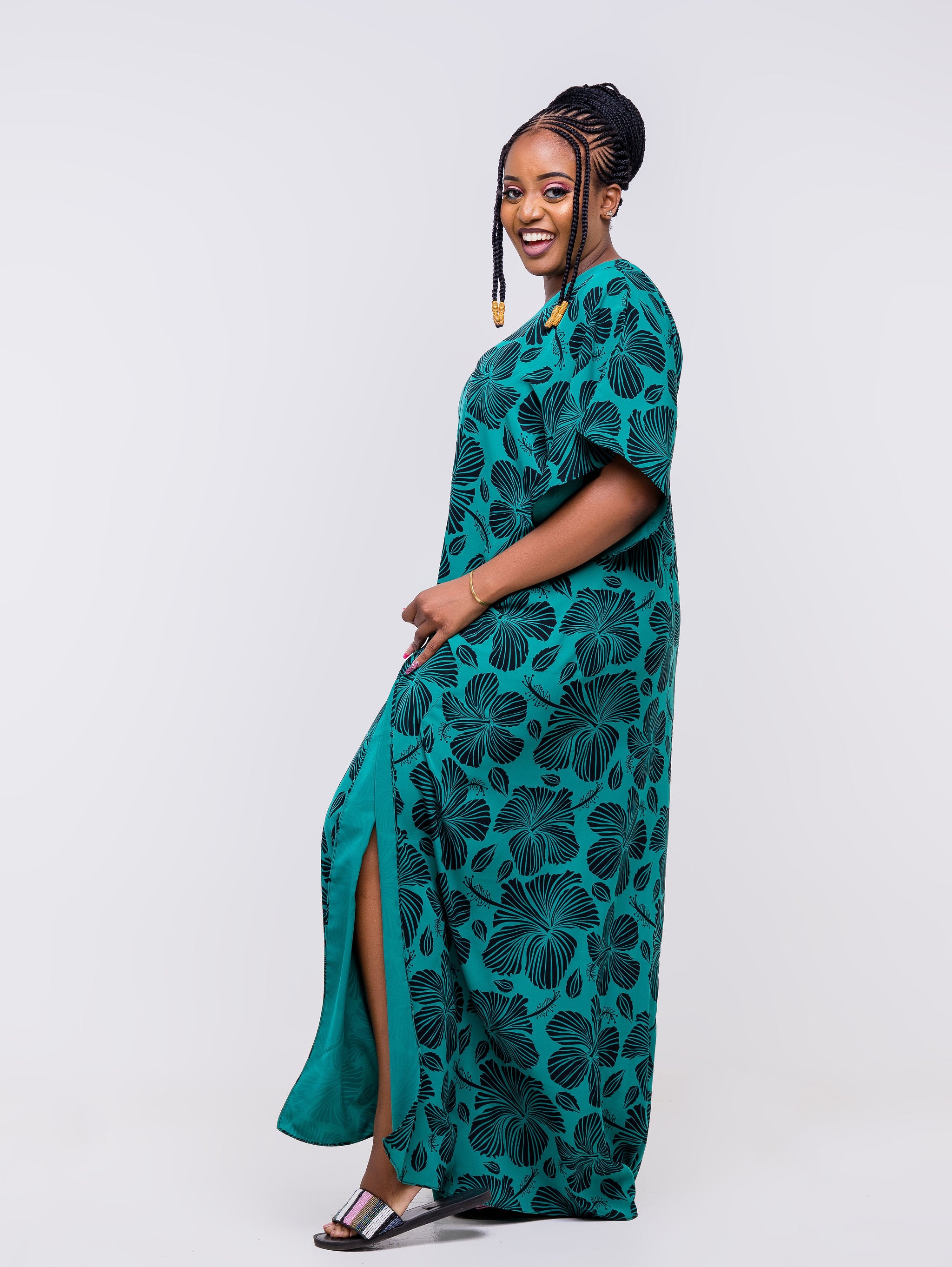 Vivo Zola Kaftan Maxi Dress - Teal / Black Floral Print