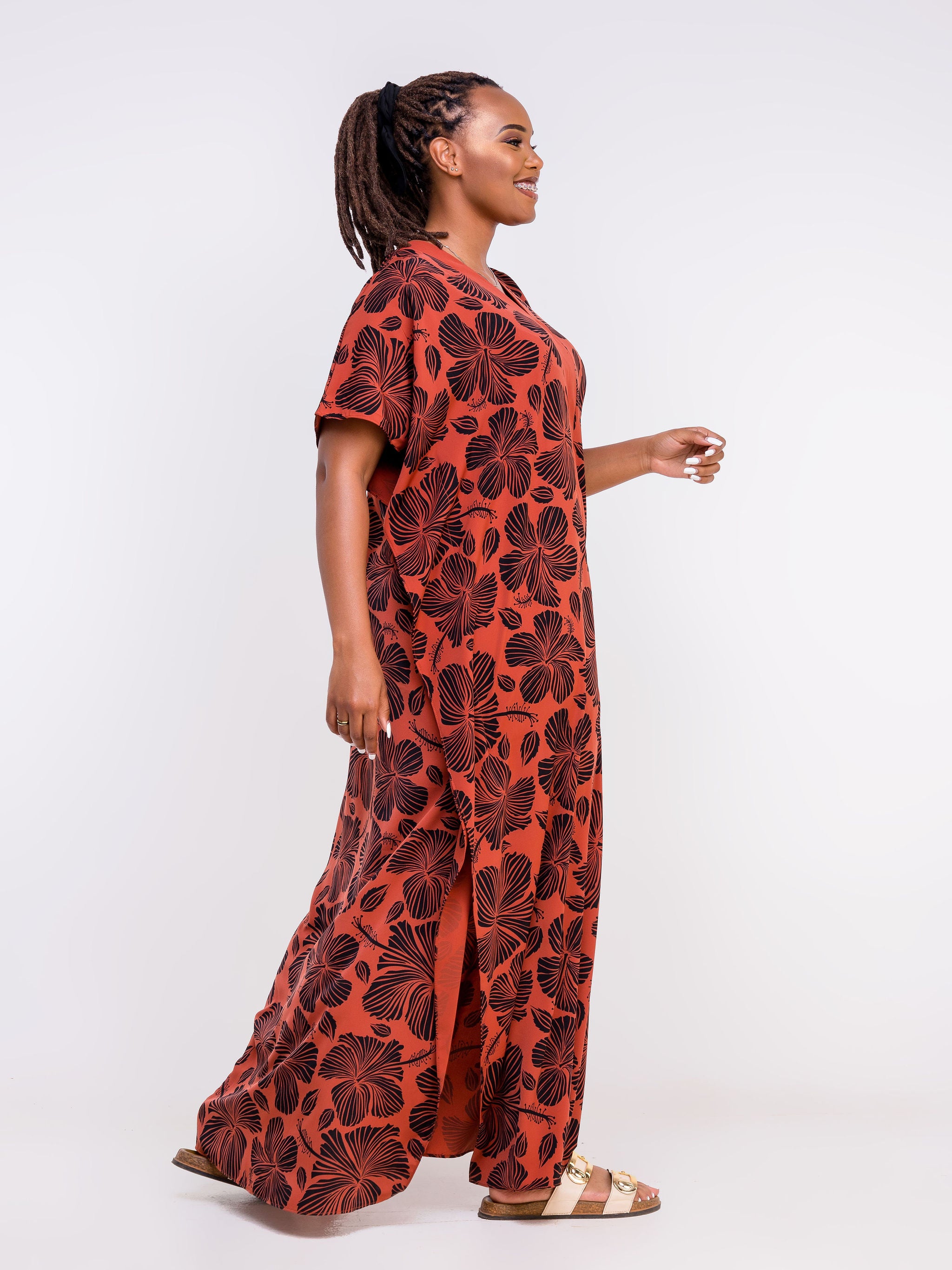 Vivo Zola Kaftan Maxi Dress - Rust / Black Floral Print