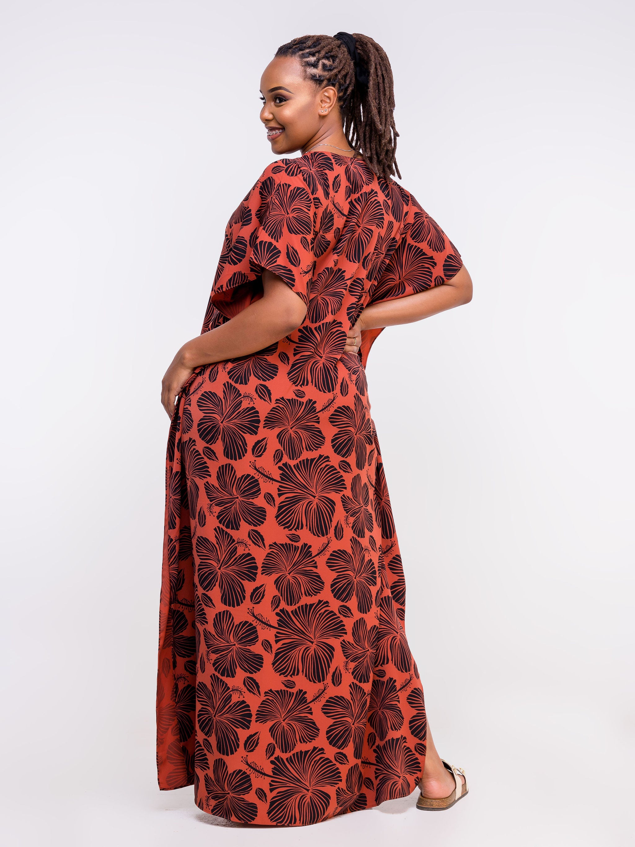 Vivo Zola Kaftan Maxi Dress - Rust / Black Floral Print