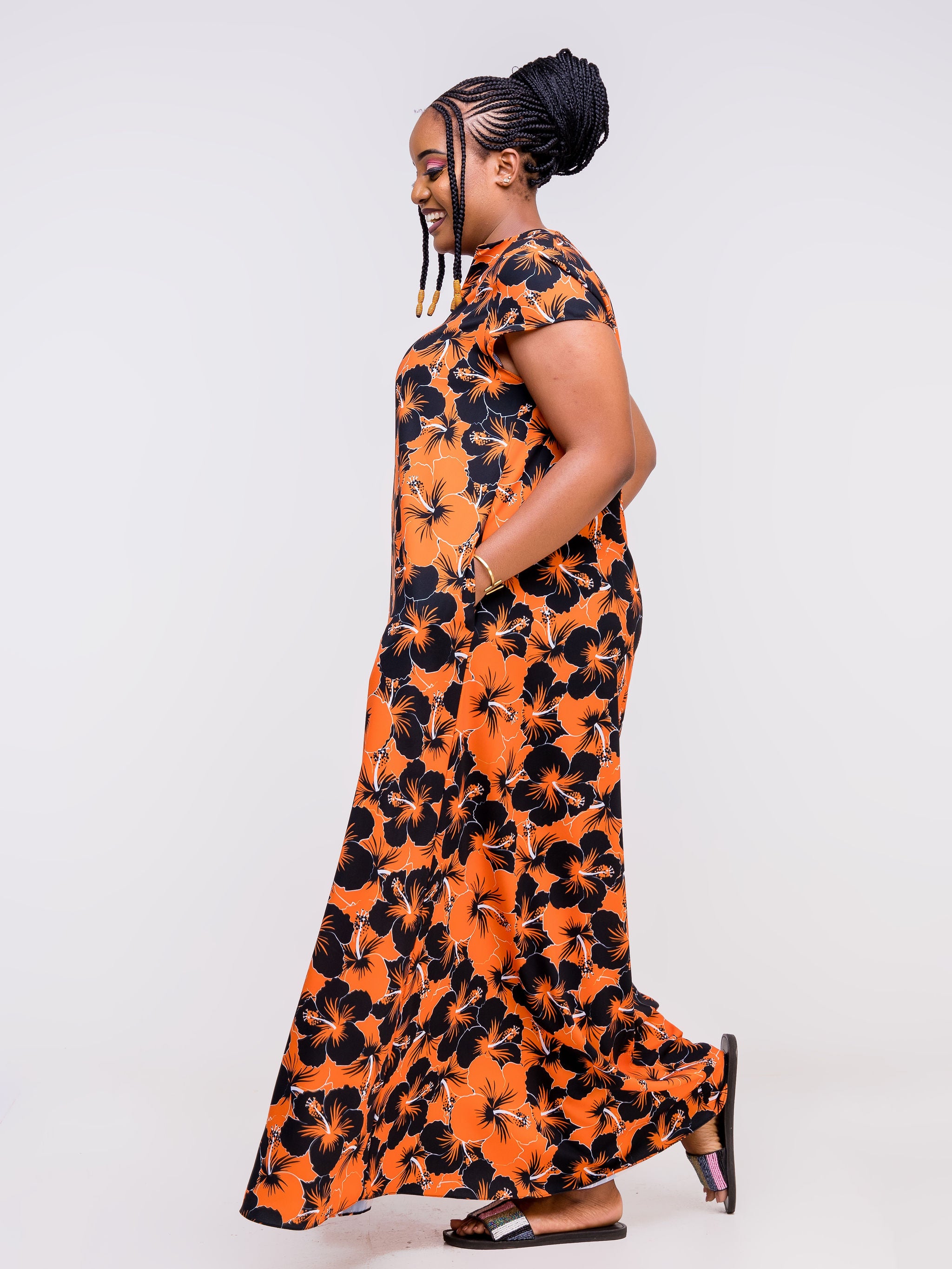 Vivo Zola V Neck Cap Sleeve Maxi - Orange / Black Floral Print