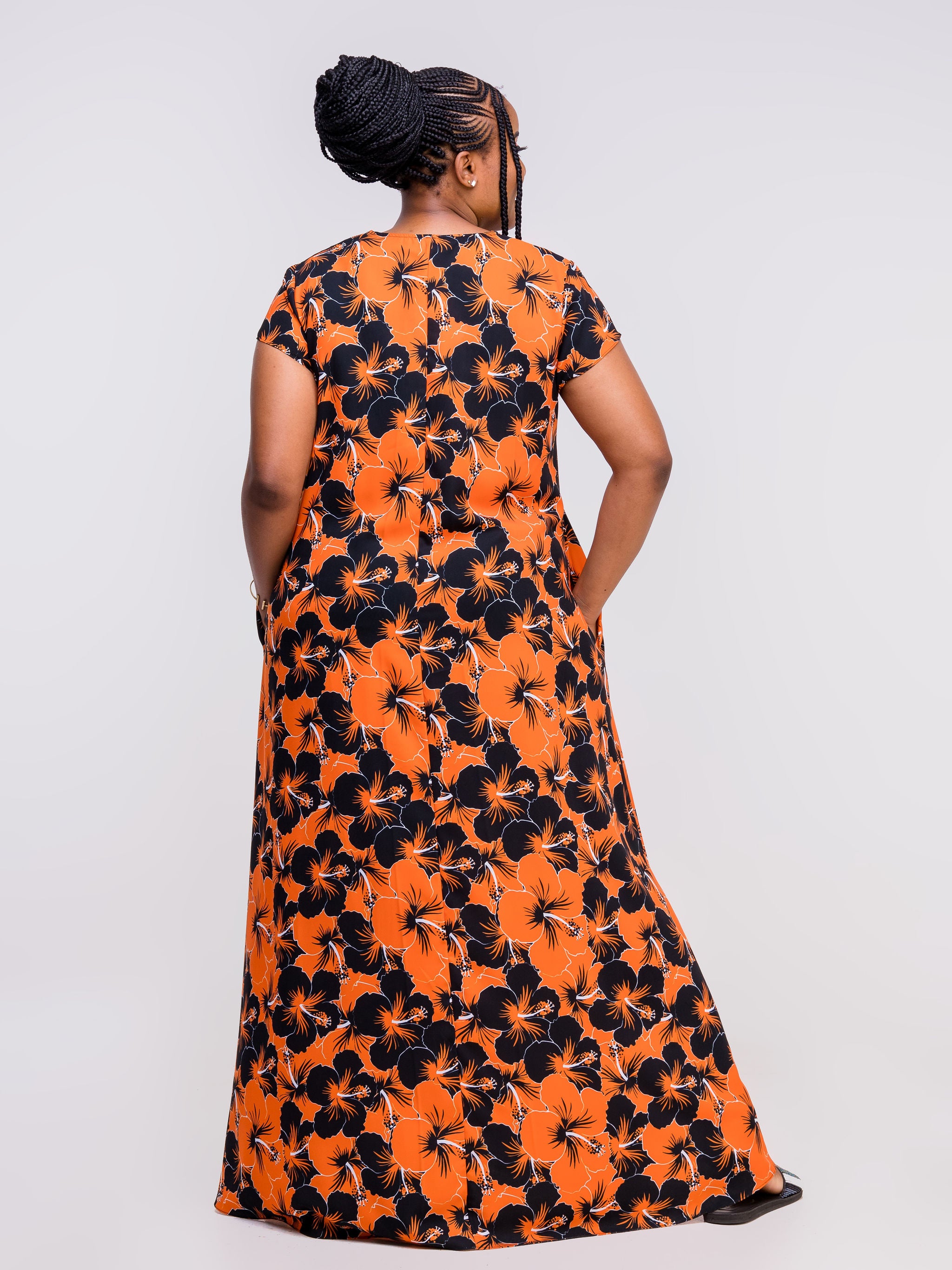 Vivo Zola V Neck Cap Sleeve Maxi - Orange / Black Floral Print