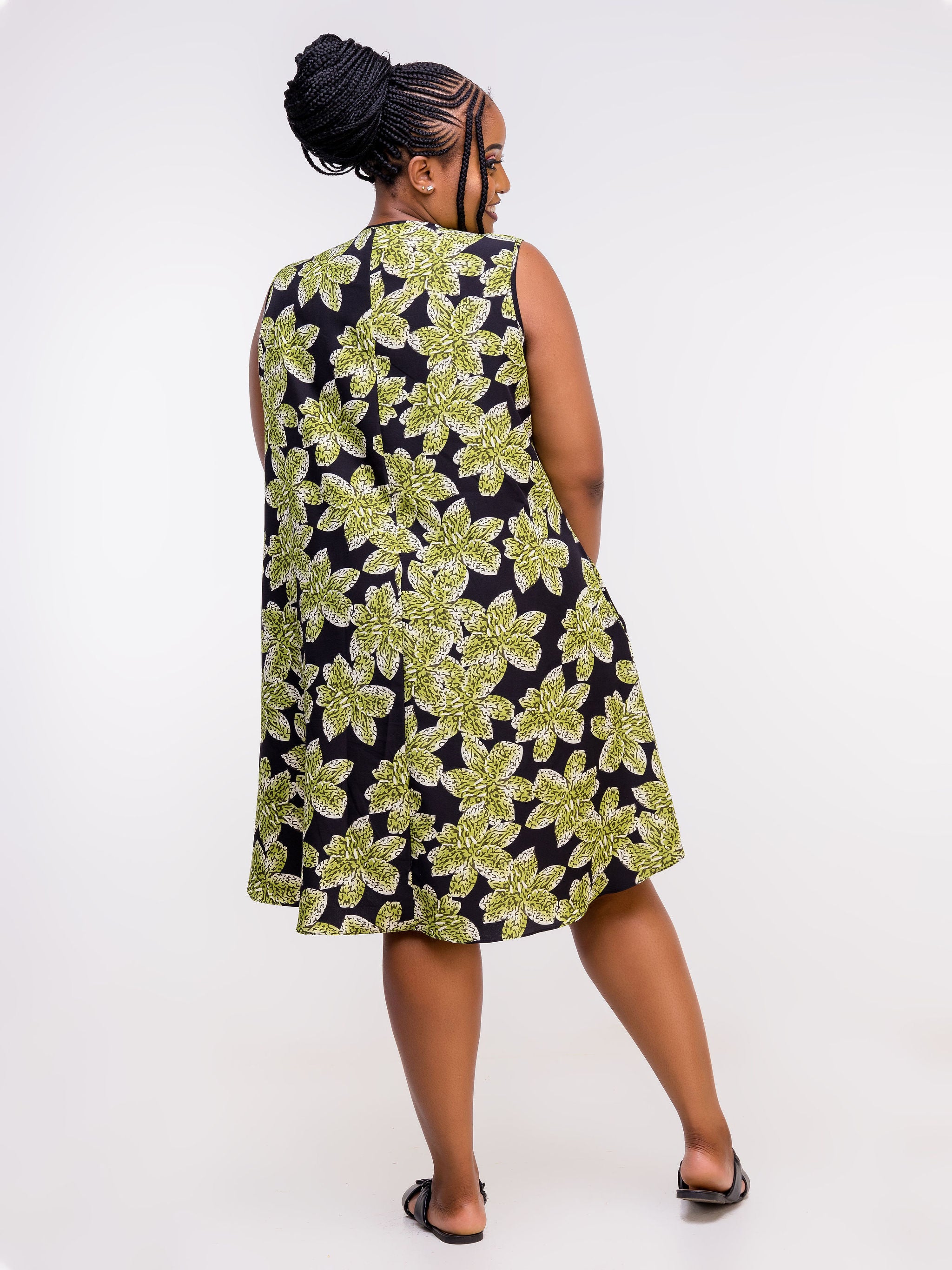 Vivo Zola V Neck Knee Length Dress - Black / Green Floral Print