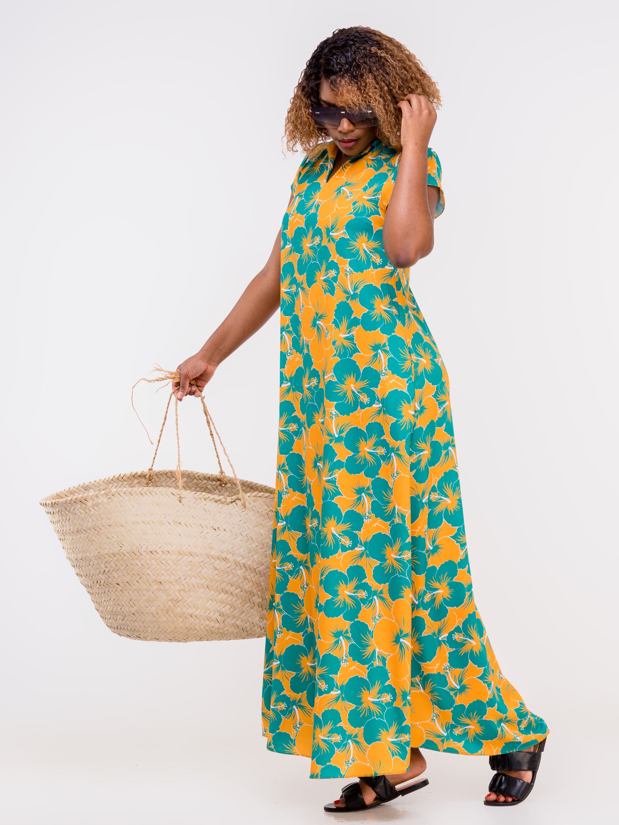 Vivo Zola V Neck Cap Sleeve Maxi - Teal / Mustard Floral Print