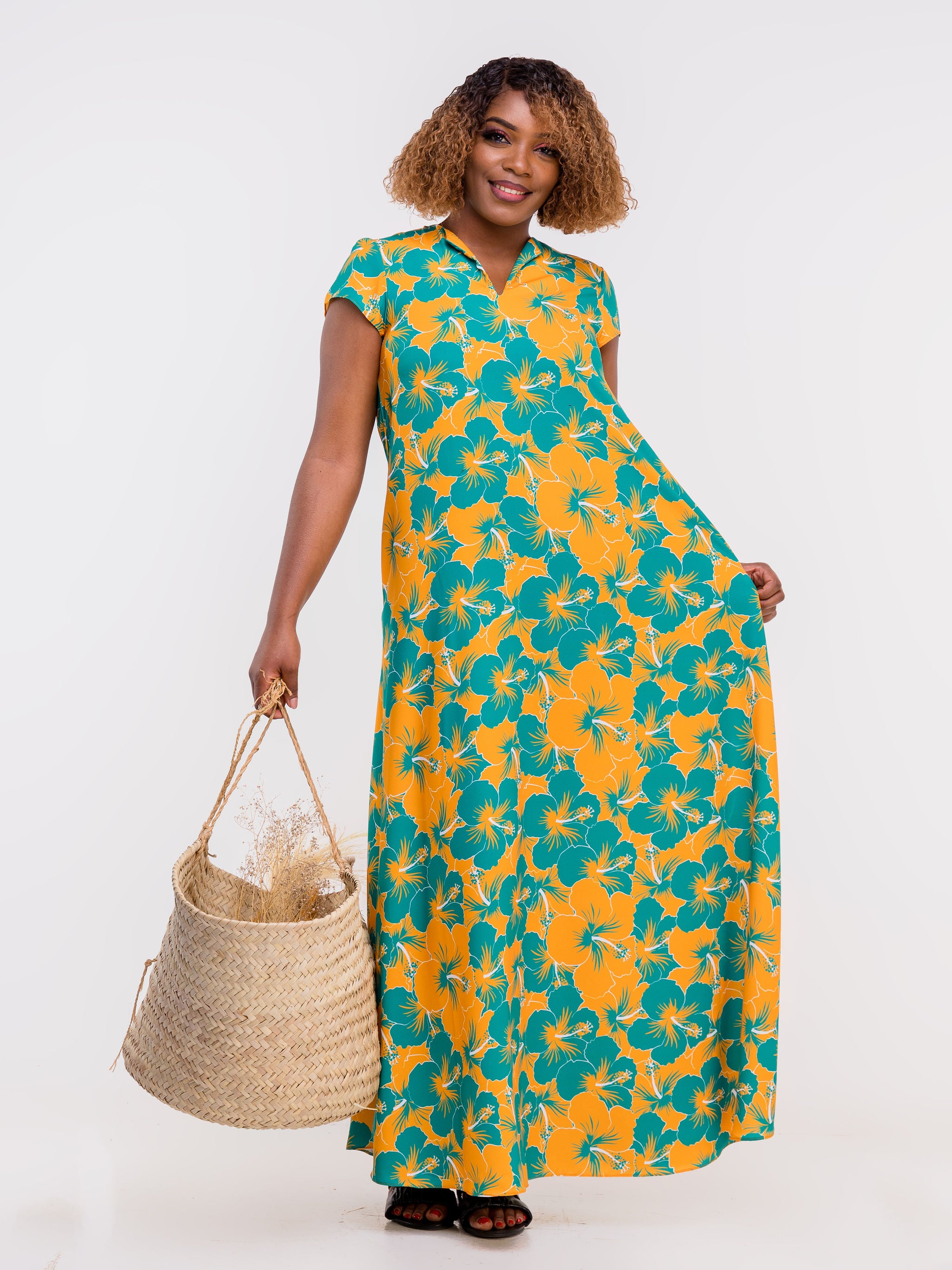 Vivo Zola V Neck Cap Sleeve Maxi - Teal / Mustard Floral Print