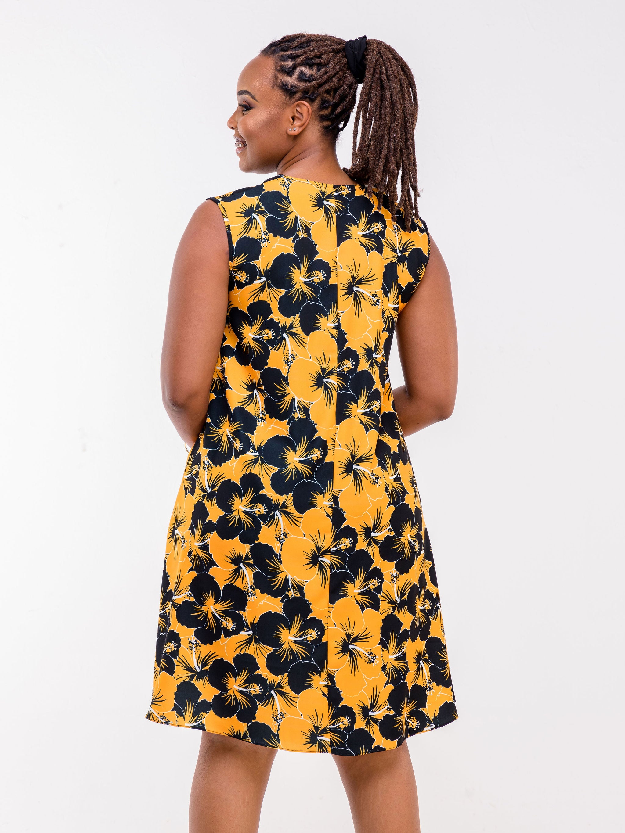 Vivo Zola V Neck Buttoned Knee Length Dress - Mustard / Black Floral Print