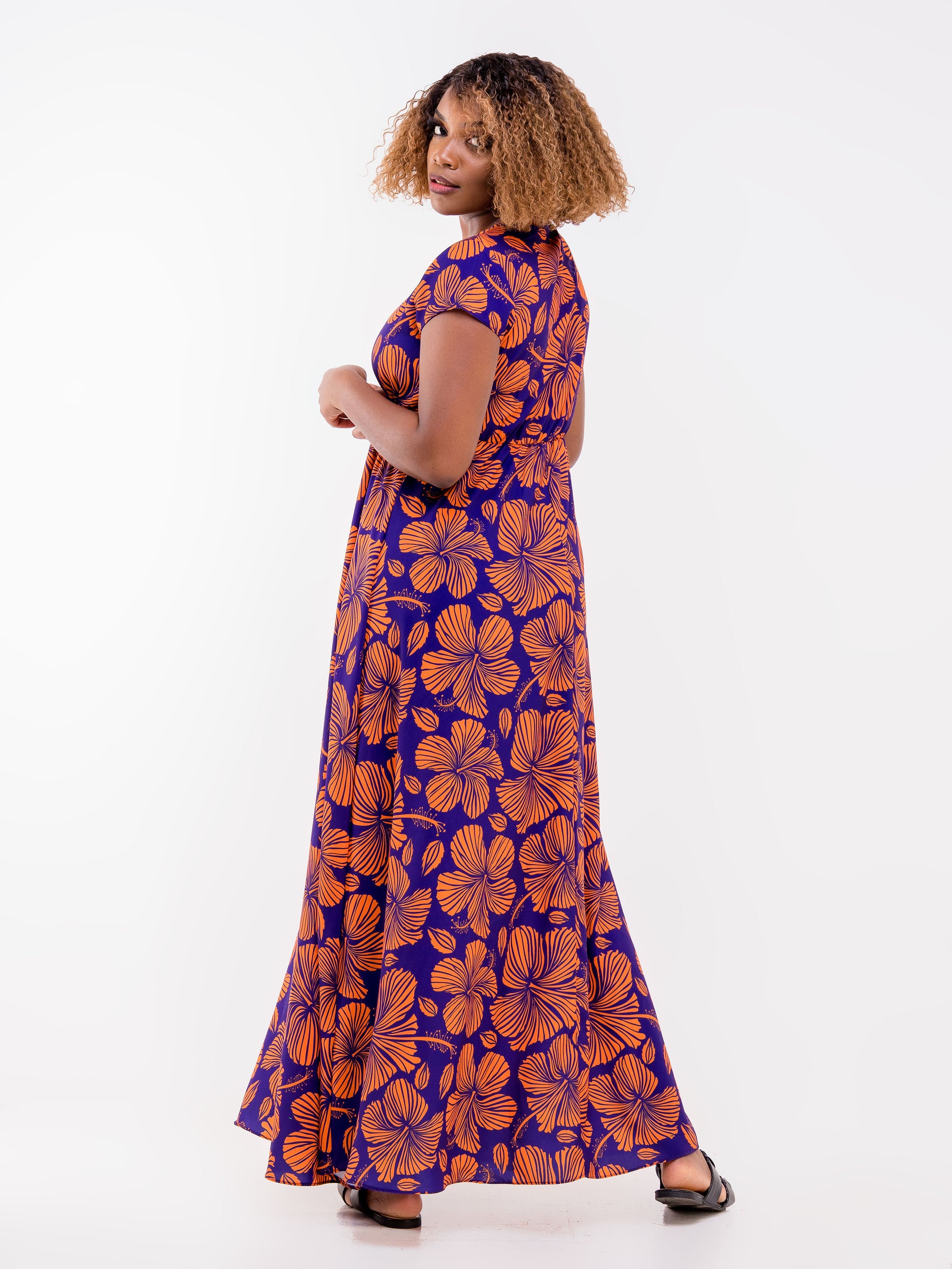 Vivo Zola Faux Wrap Maxi Dress - Navy Blue / Orange Floral Print