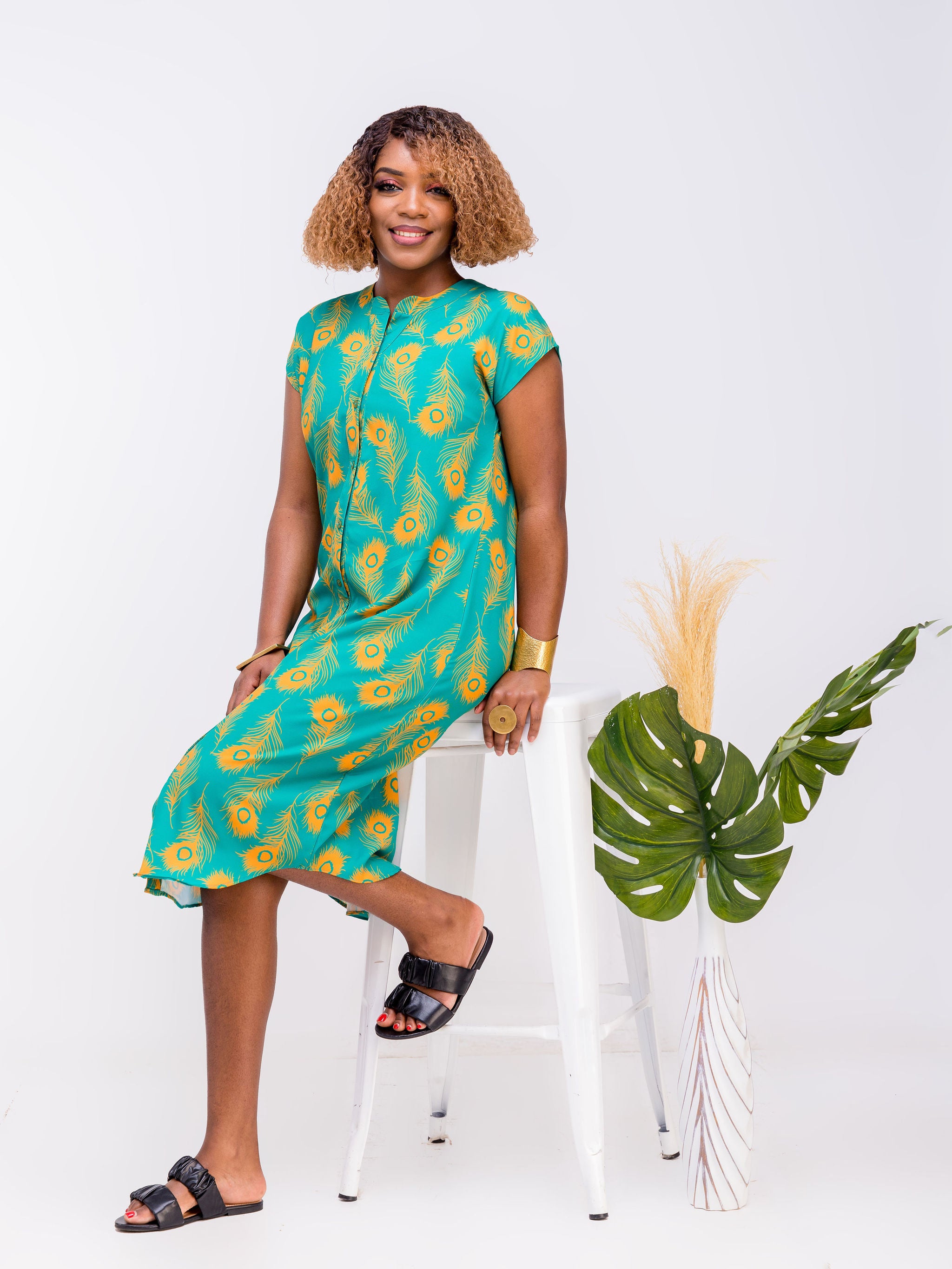 Vivo Zola Drop Shoulder Shirt Dress Teal Mustard Animal Print