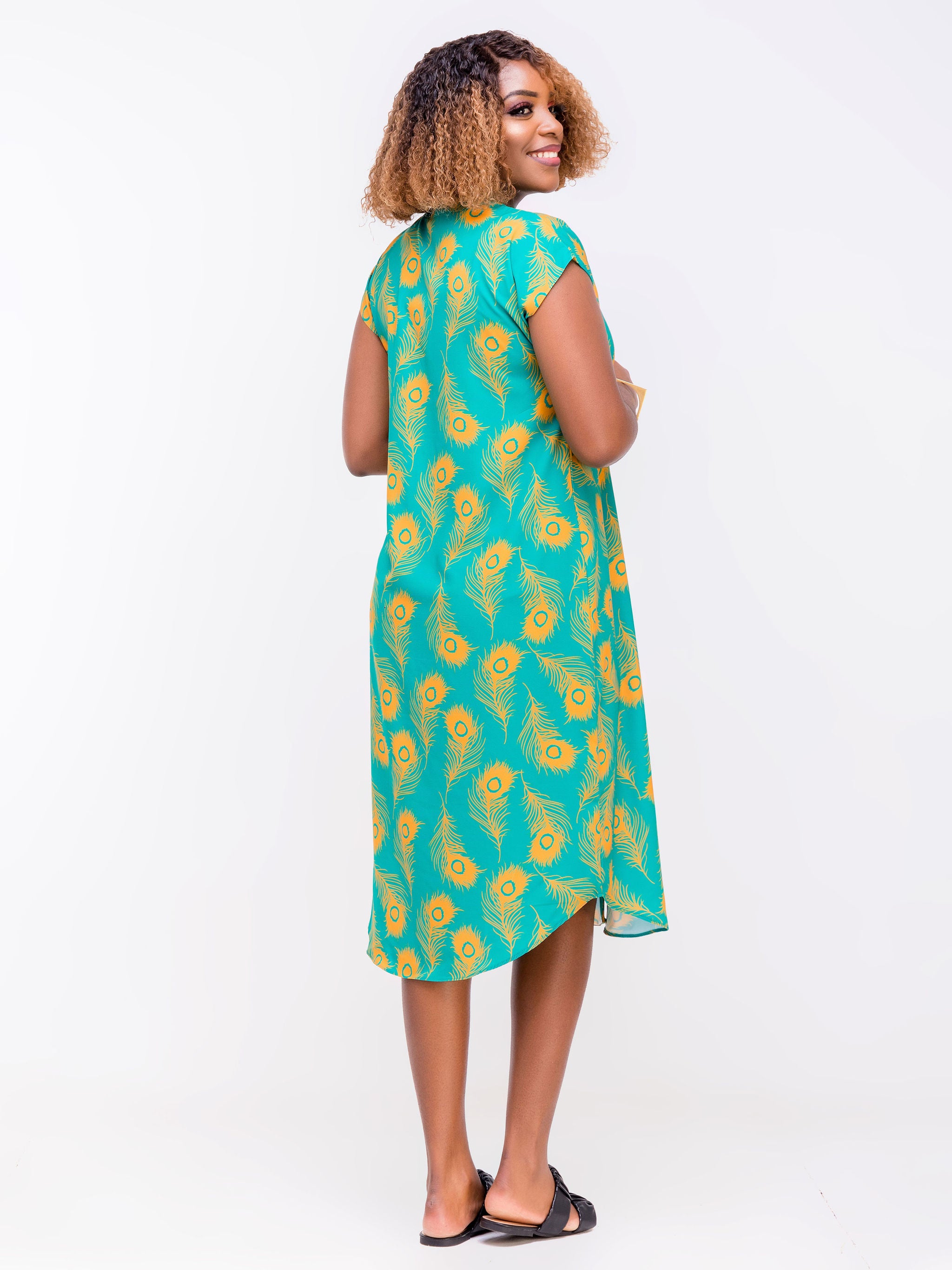 Vivo Zola Drop Shoulder Shirt  Dress - Teal / Mustard Animal Print