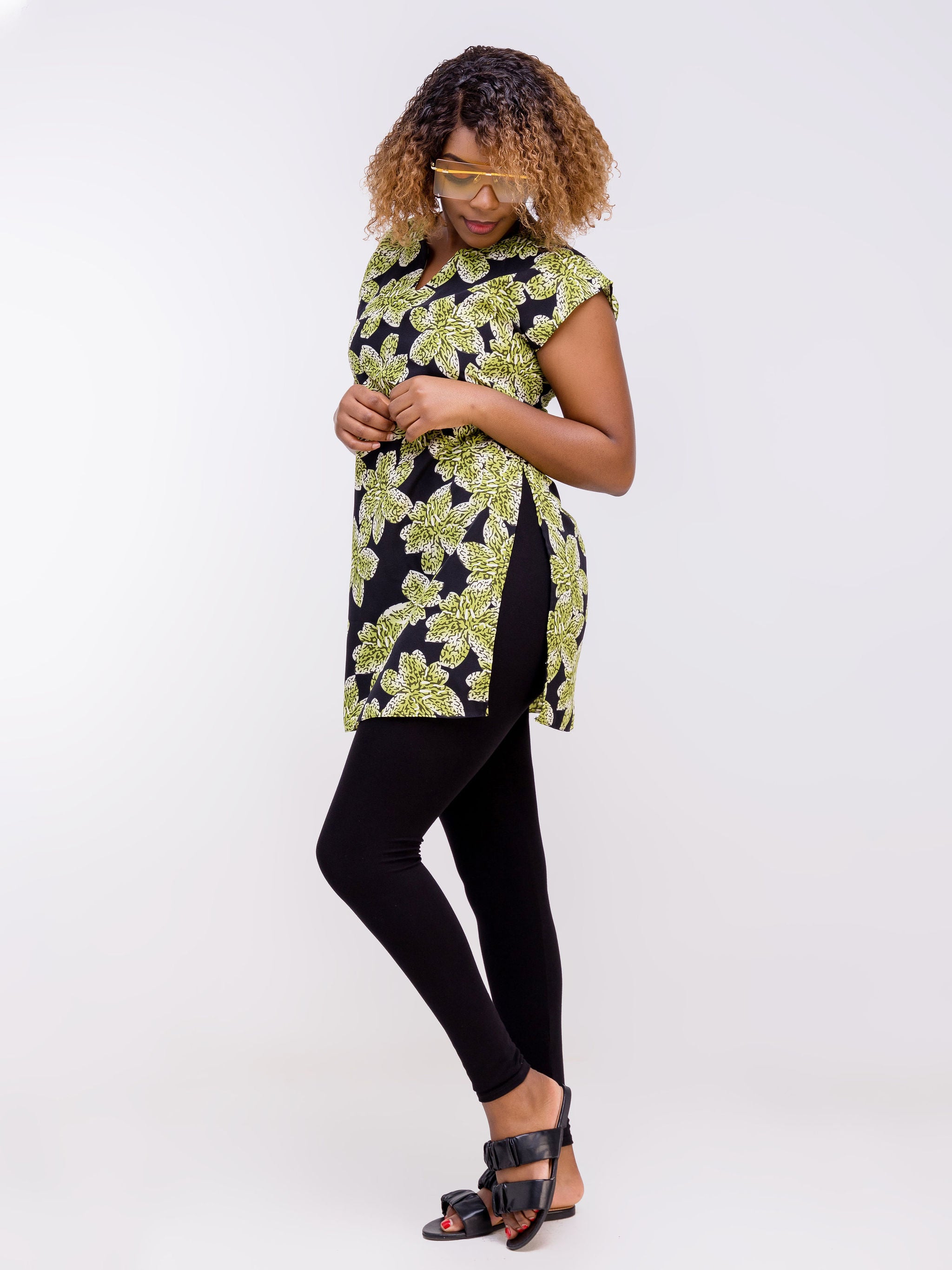 Vivo Zola Drop Shoulder Tunic - Black / Green Floral Print