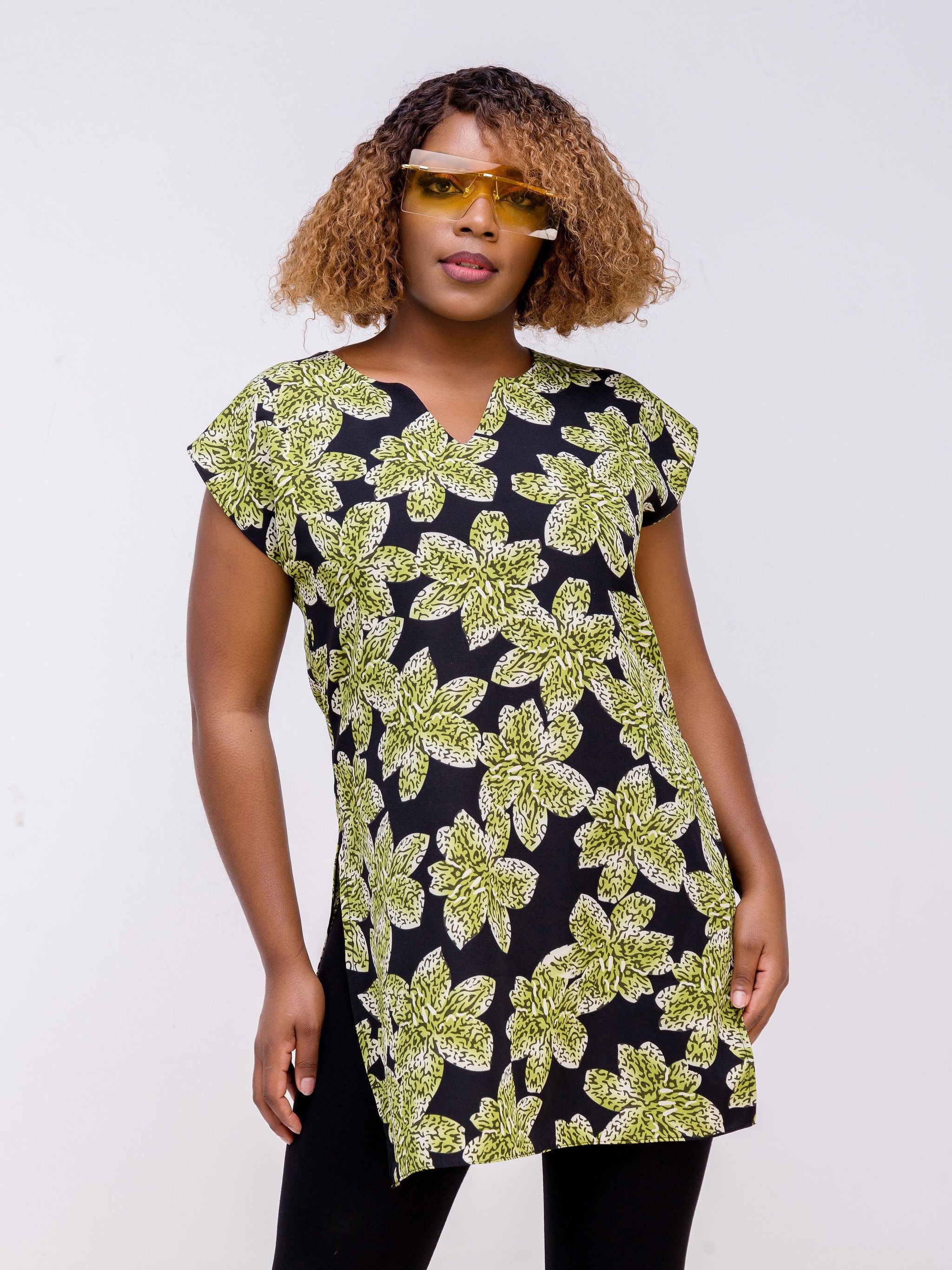 Vivo Zola Drop Shoulder Tunic - Black / Green Floral Print