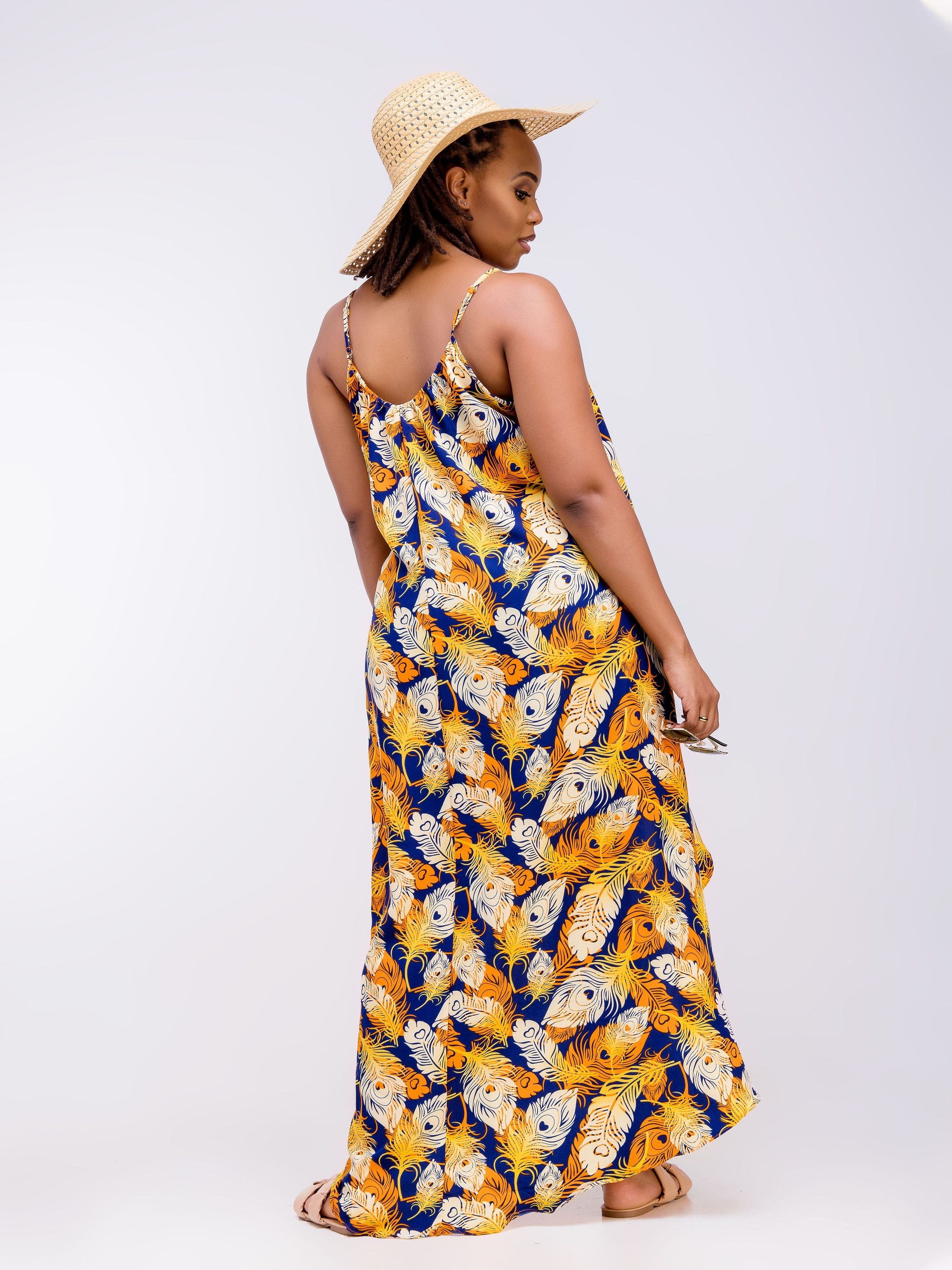 Vivo Zola Strappy High Low Maxi Dress - Navy Blue / Orange Abstract Print