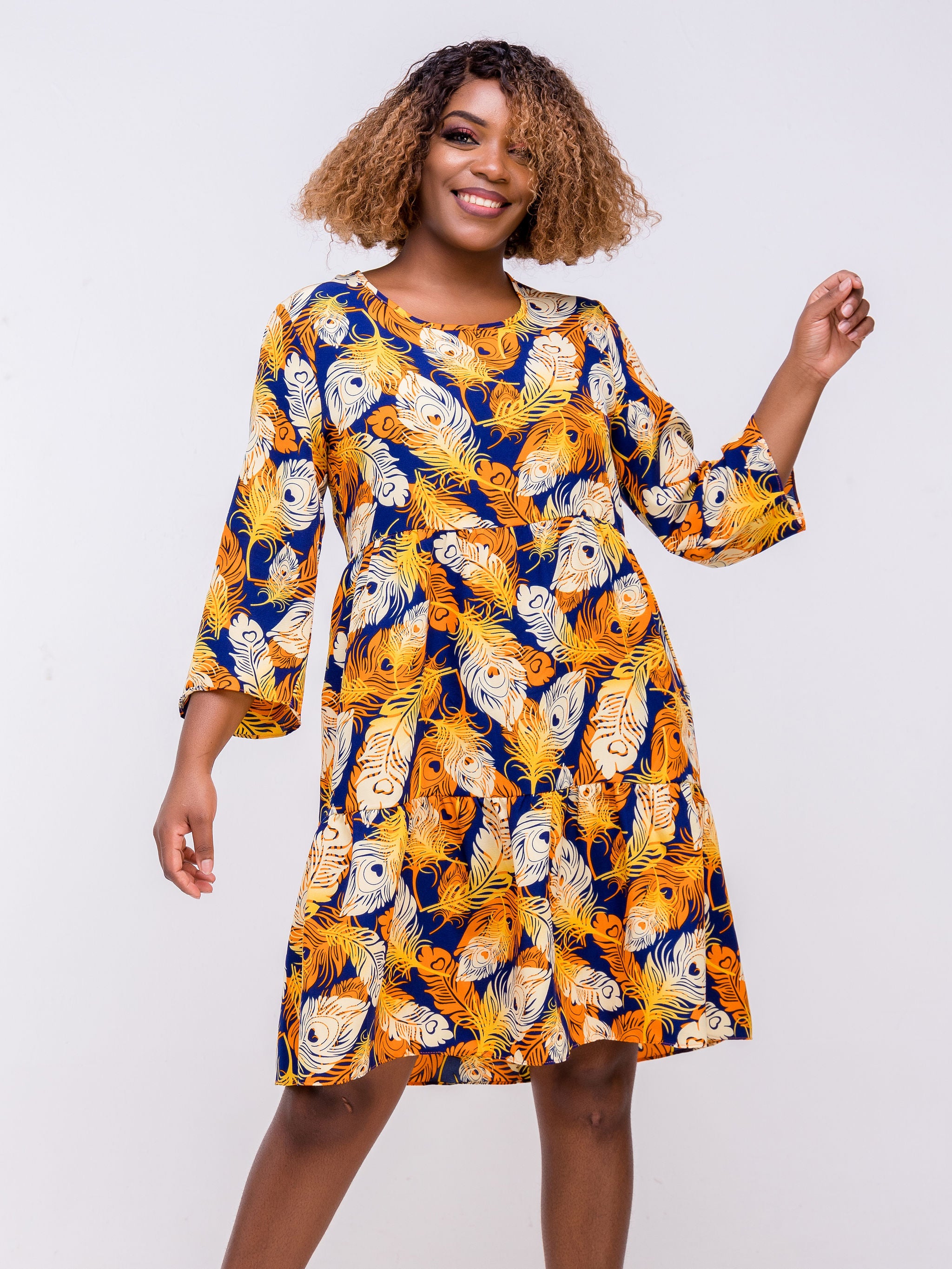 Vivo Zola Two Tiered Knee Length Dress - Navy Blue / Orange Abstract