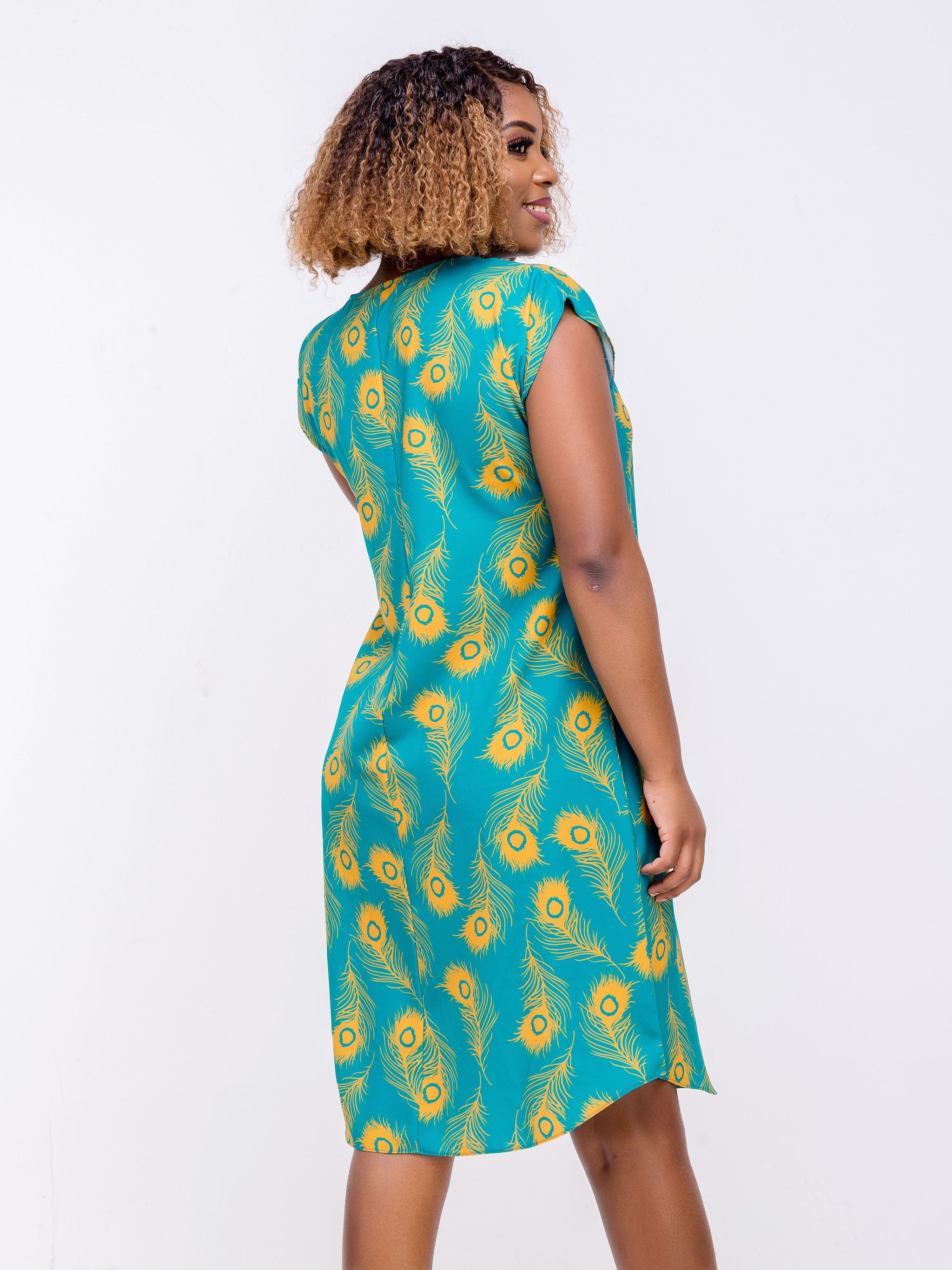 Vivo Zola Drop Shoulder Knee Length Dress - Teal / Mustard Animal Print