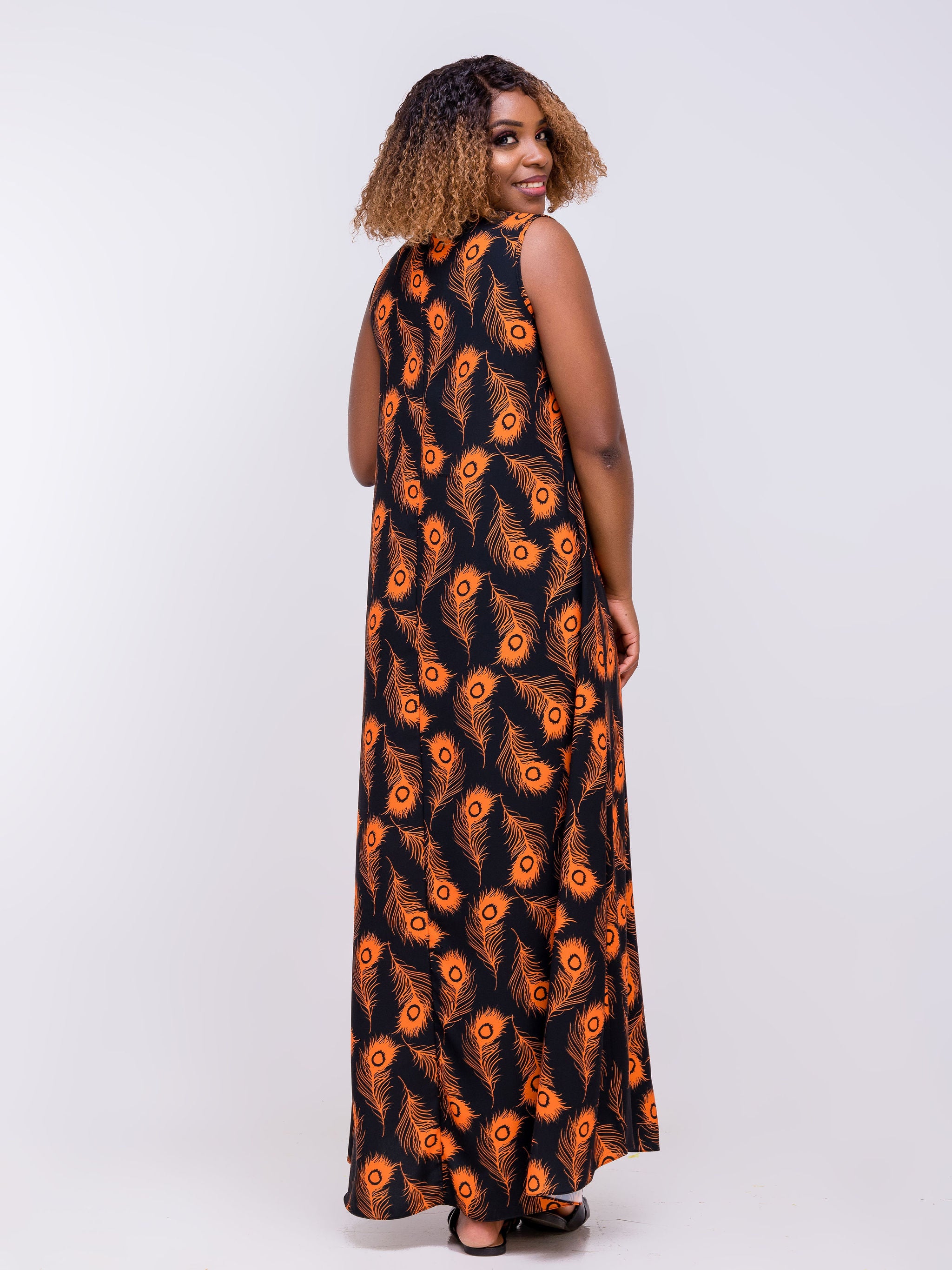 Vivo Zola V Neck Maxi Dress - Black / Orange Animal Print