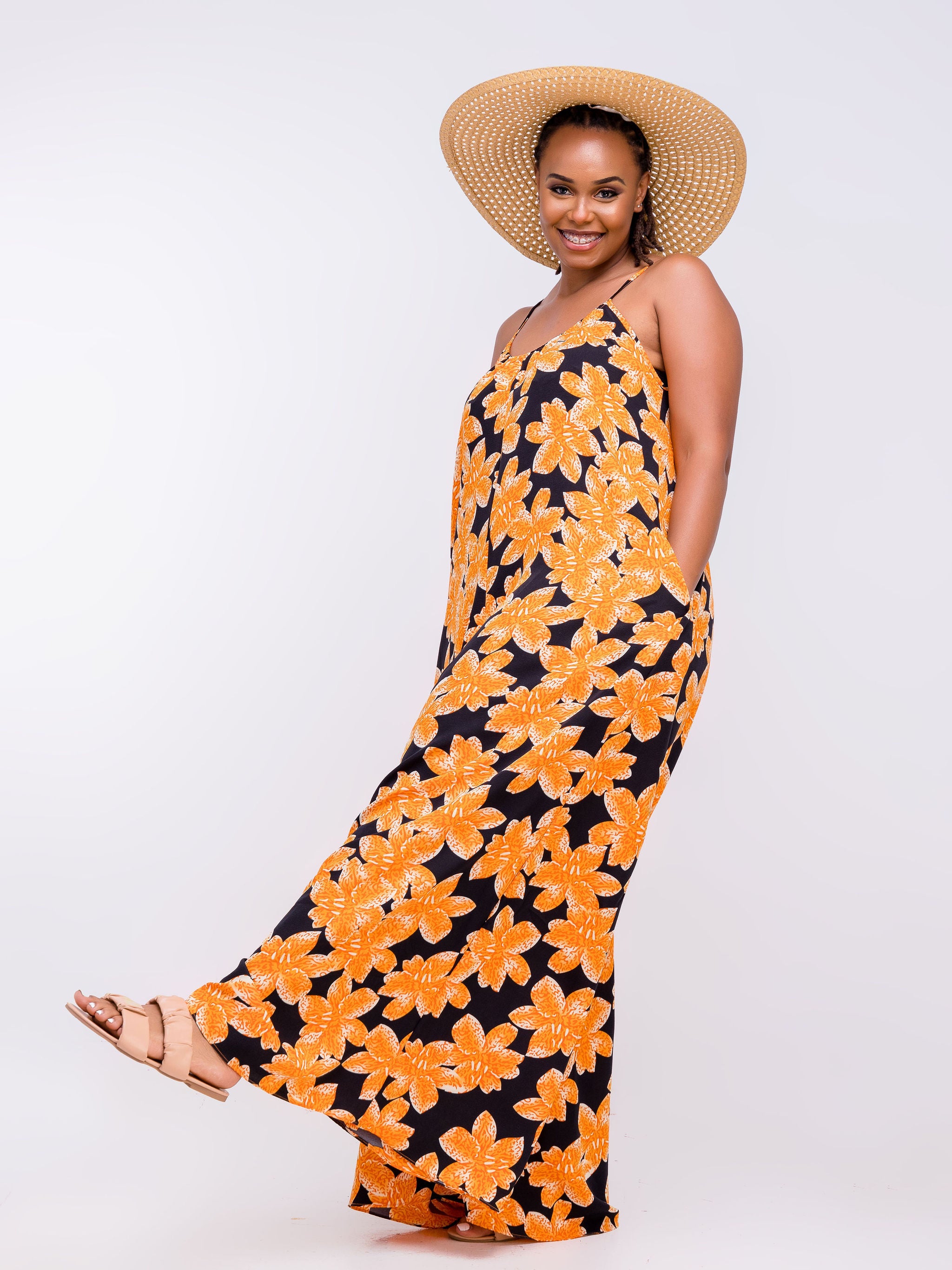 Vivo Zola Strappy Jumpsuit - Black / Orange Floral Print