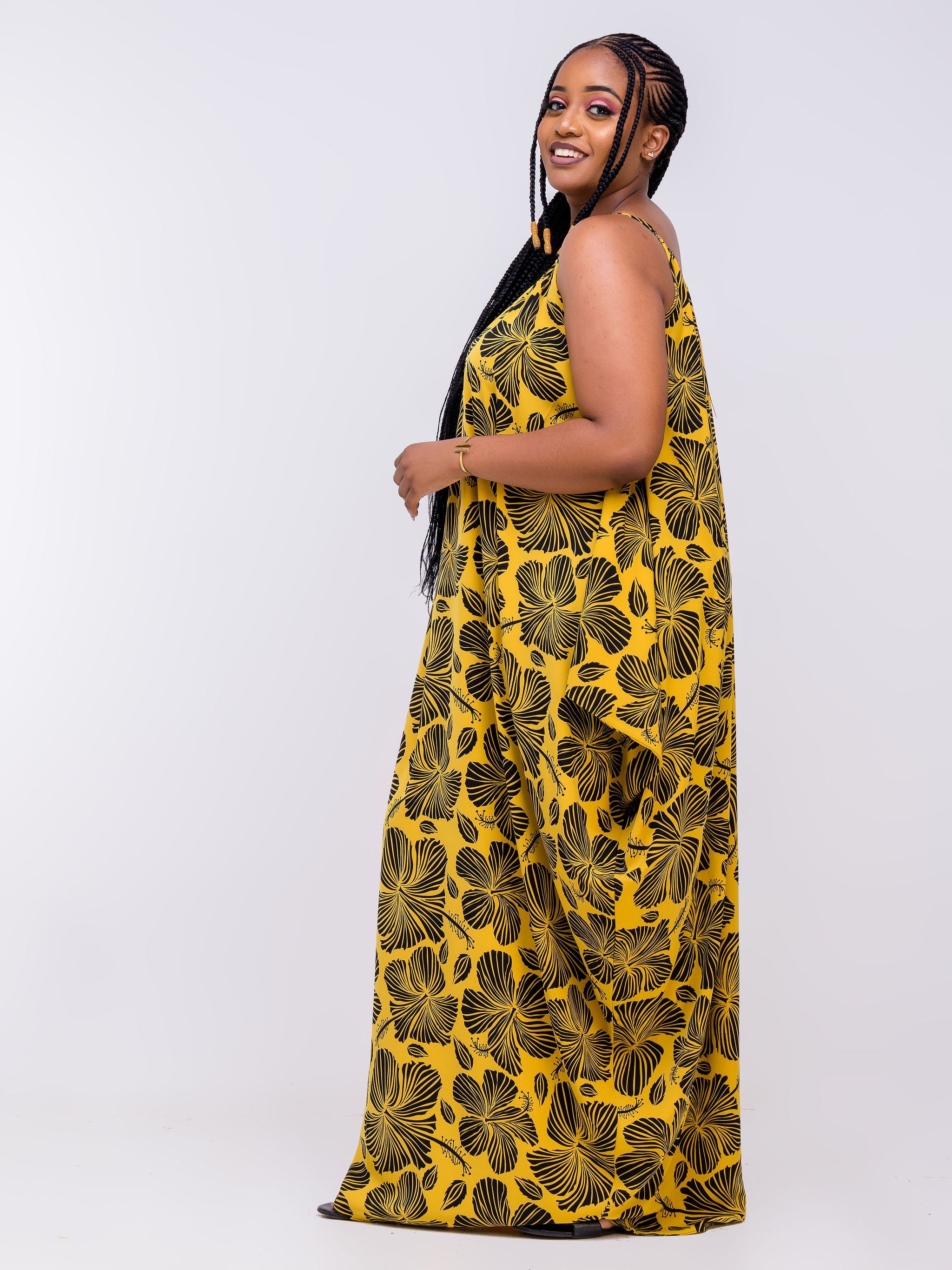 Vivo Zola Cowl Strappy Maxi - Mustard / Black Floral Print