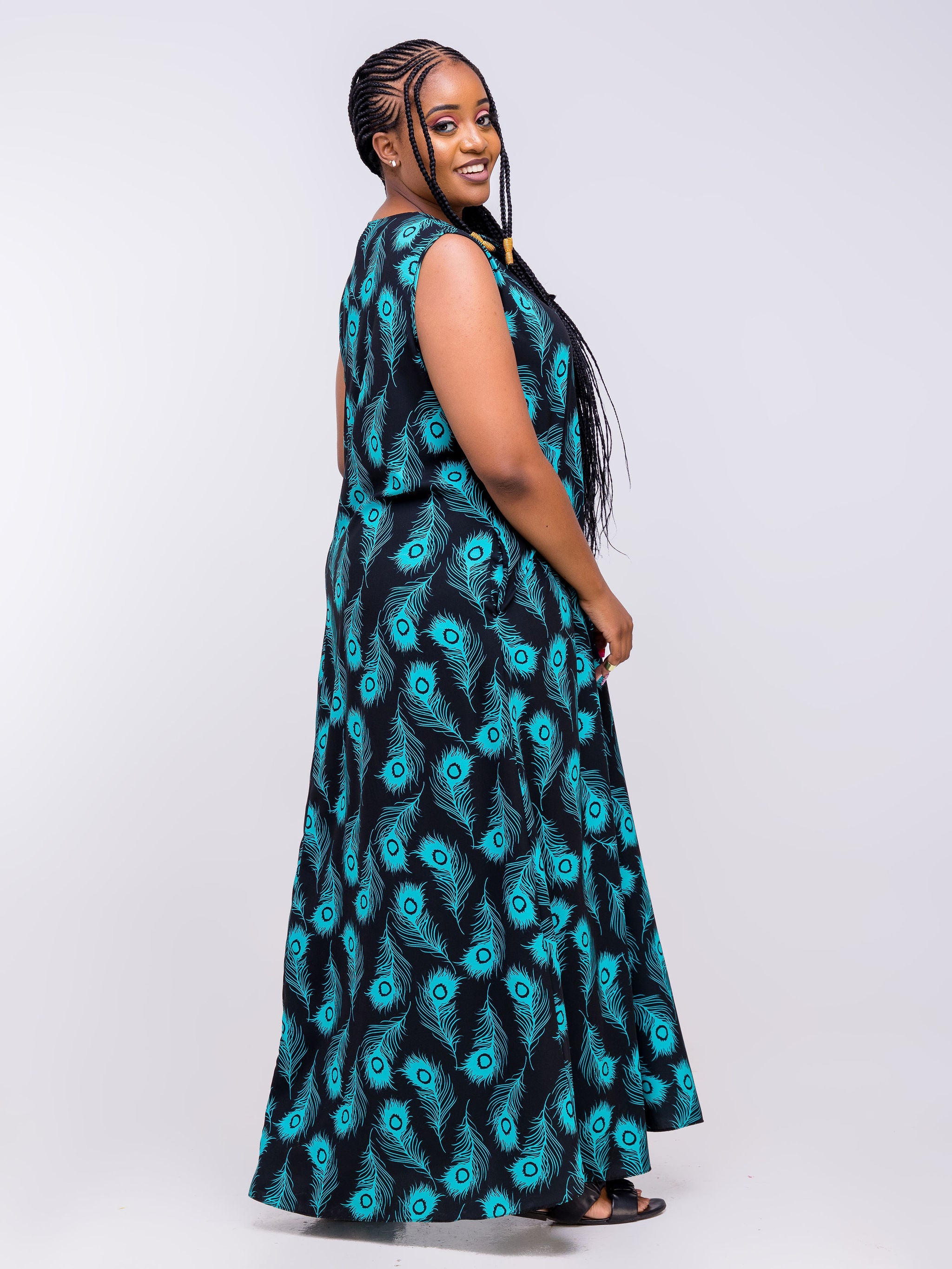 Vivo Zola V Neck Maxi Dress - Black / Teal Animal Print