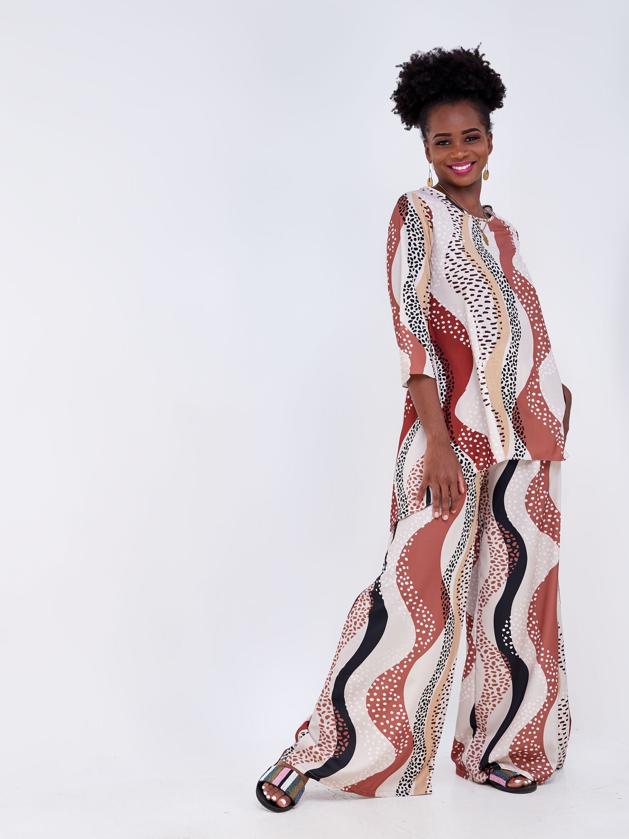 Vivo Basic Crepe Pants - Brown / Black Abstract Print