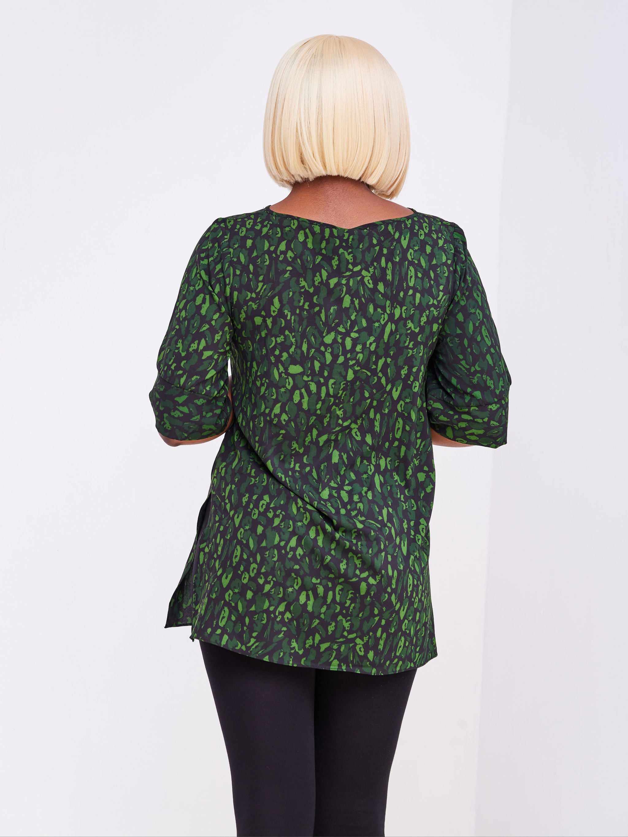 Safari Maisha Tunic Top - Black / Green Abstract Print