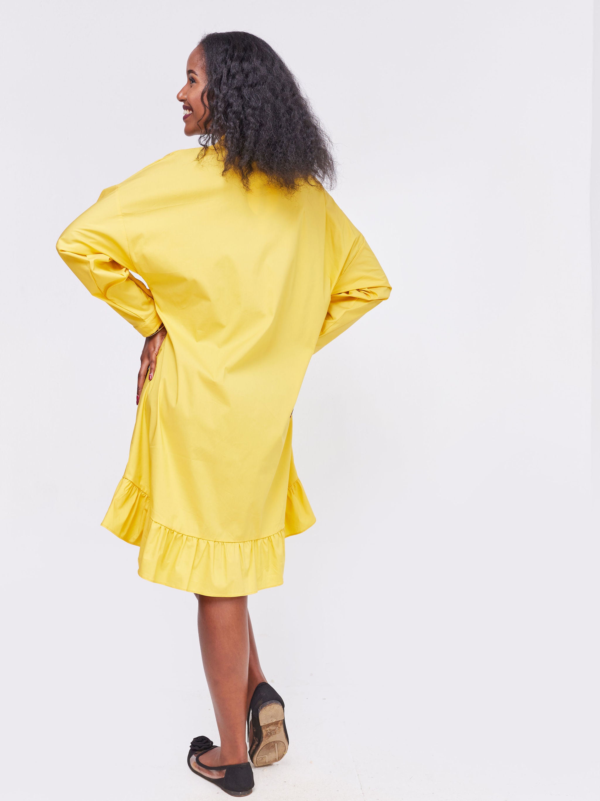 Safari Kaya Long Sleeve Dolman Flounce Shirt Dress - Mustard