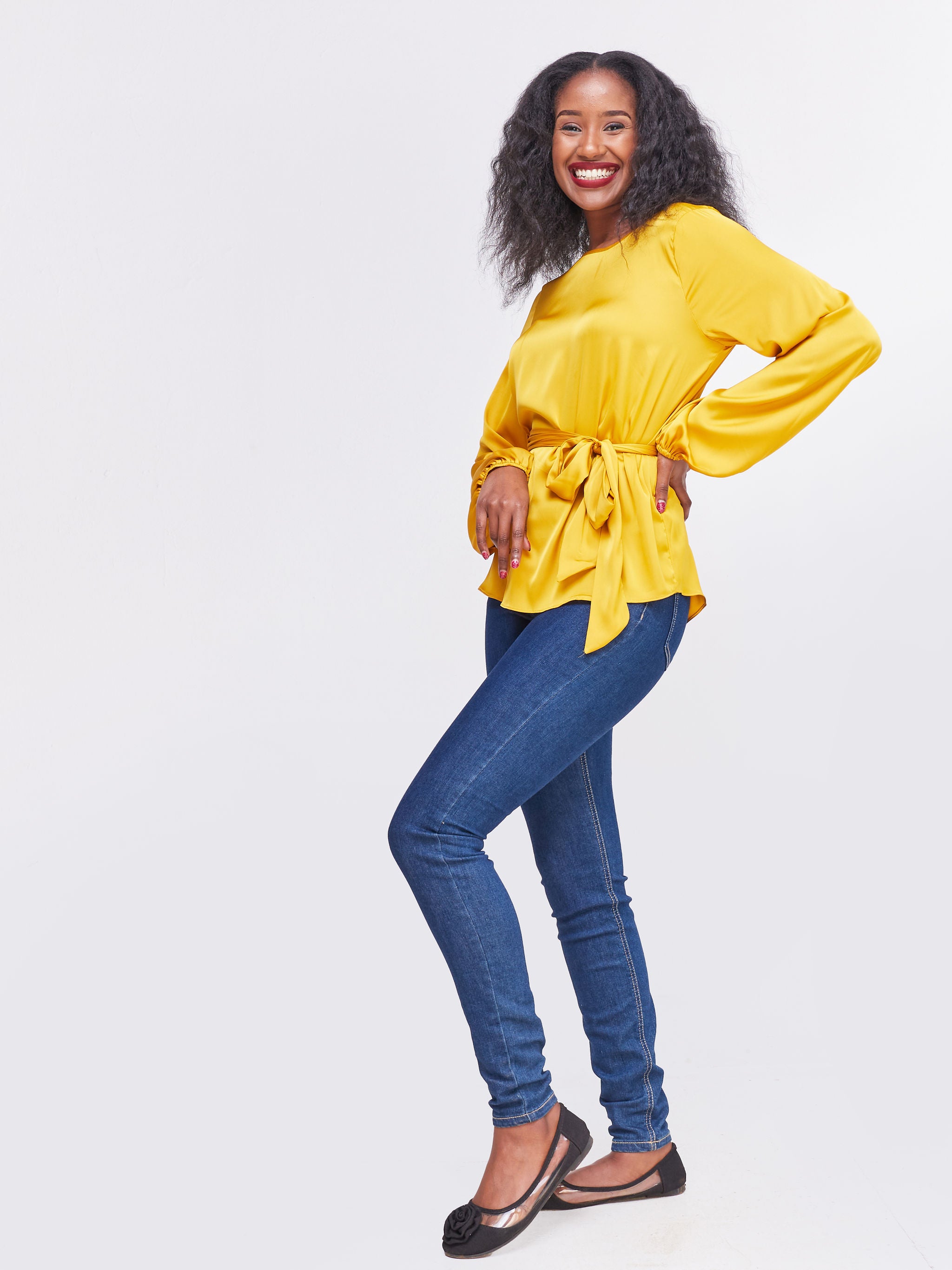 Vivo Basic Satin Bishop Sleeved Top - Mustard