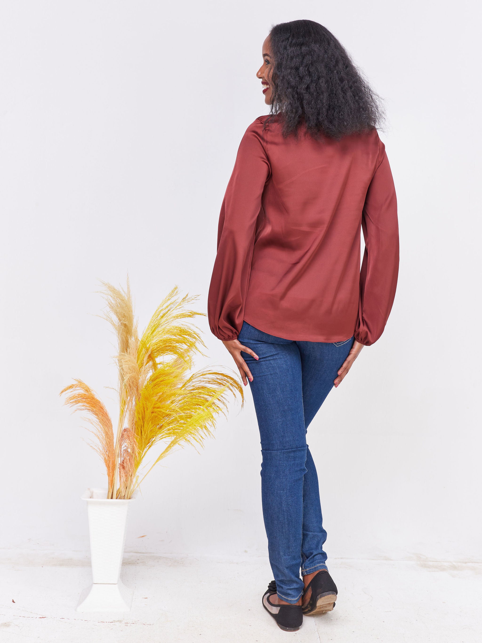 Vivo Basic Satin Bishop Sleeved Top - Maroon