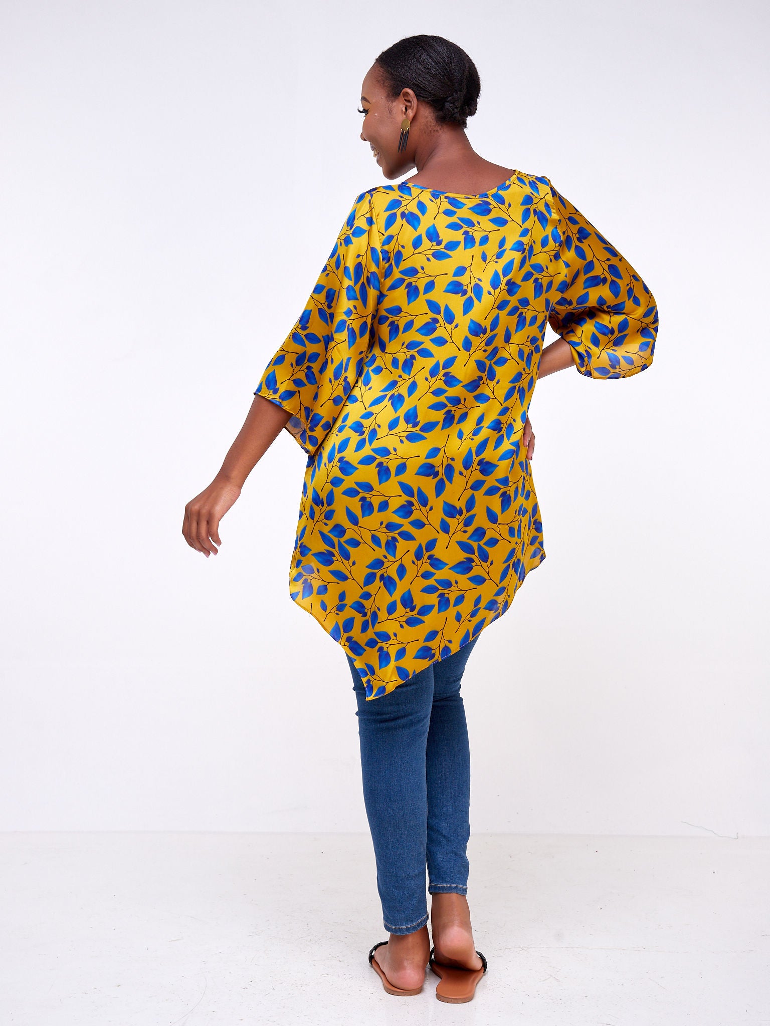 Vivo Asymmetric Angel Satin Top - Mustard / Royal Blue Floral Print