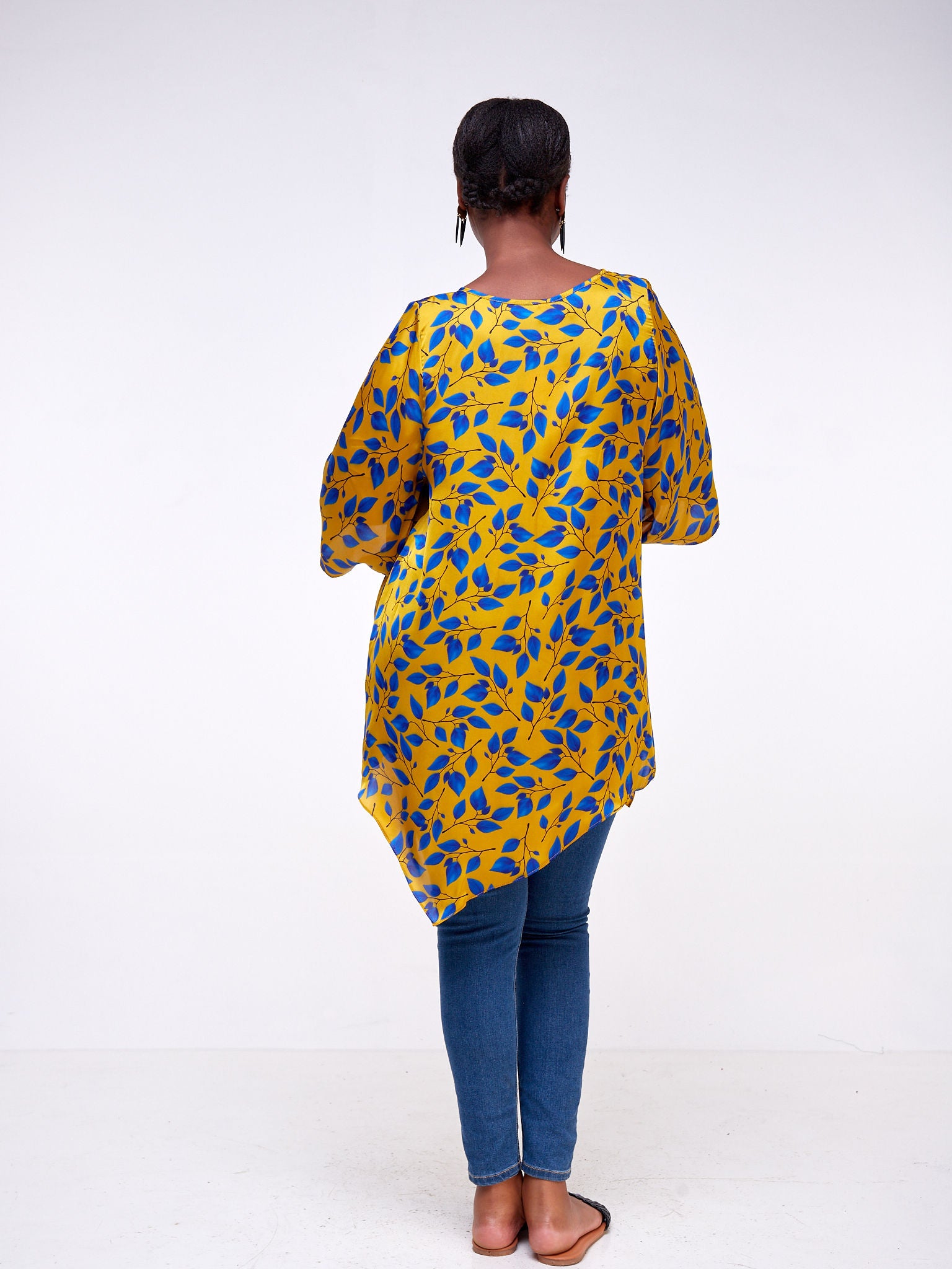 Vivo Asymmetric Angel Satin Top - Mustard / Royal Blue Floral Print