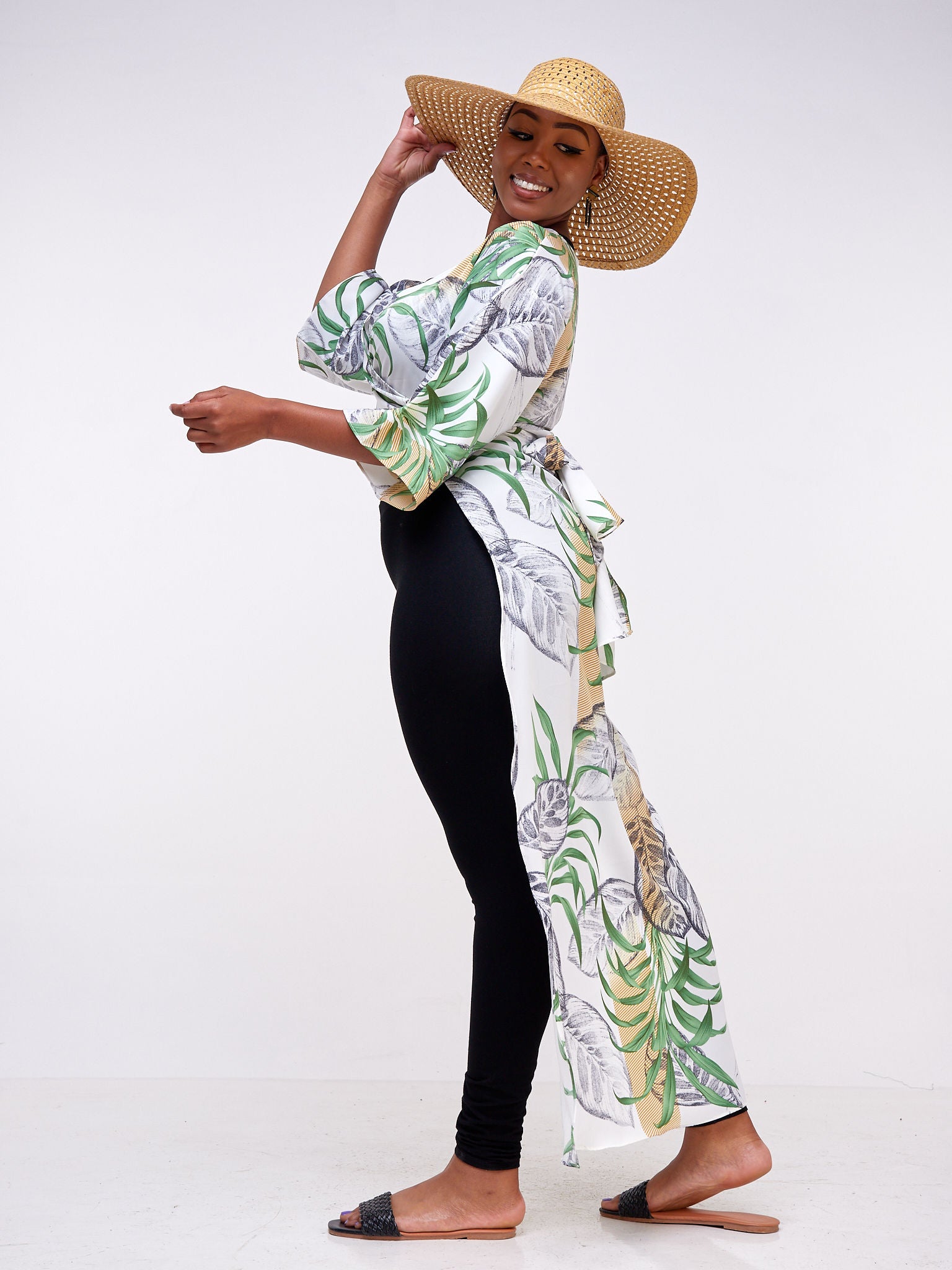 Vivo Basic Nandi High Slit Kimono - Grey / White Leaf Print