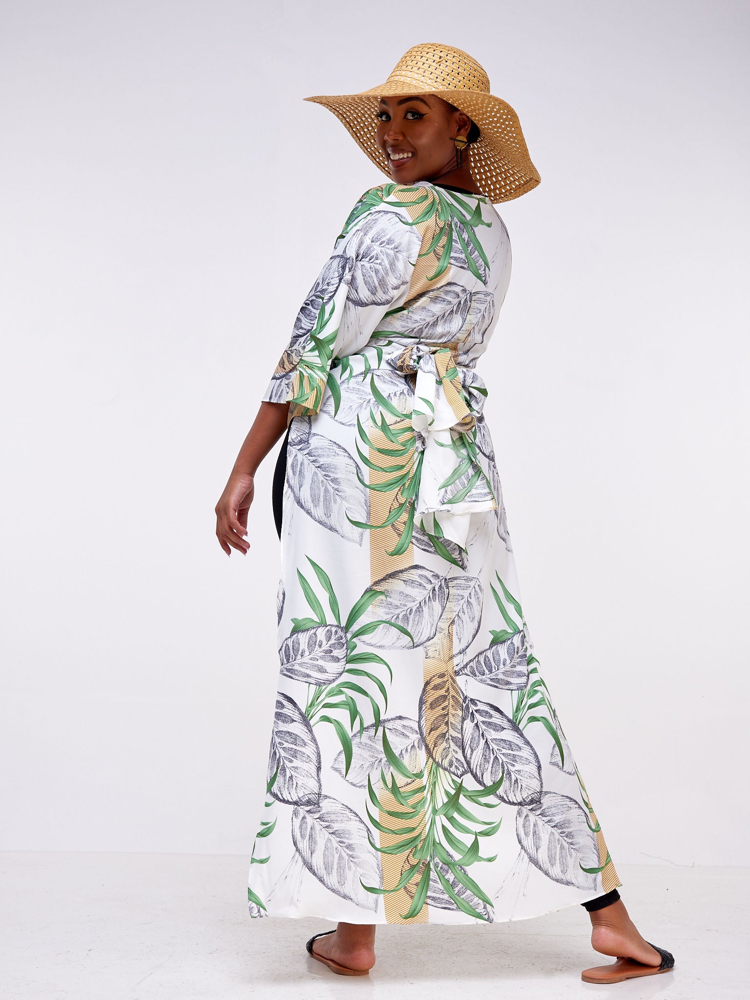 Vivo Basic Nandi High Slit Kimono - Grey / White Leaf Print