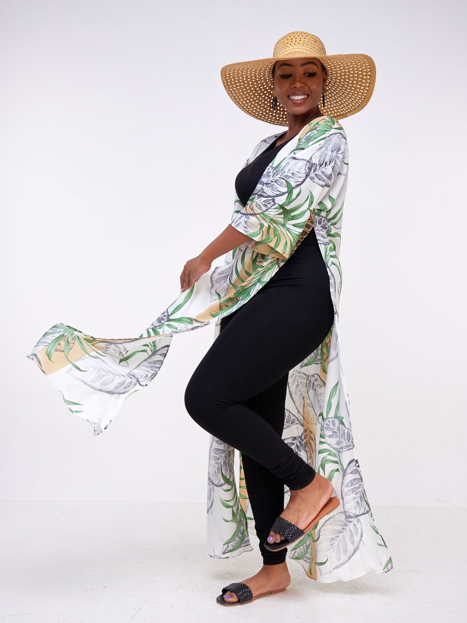 Vivo Basic Nandi High Slit Kimono - Grey / White Leaf Print