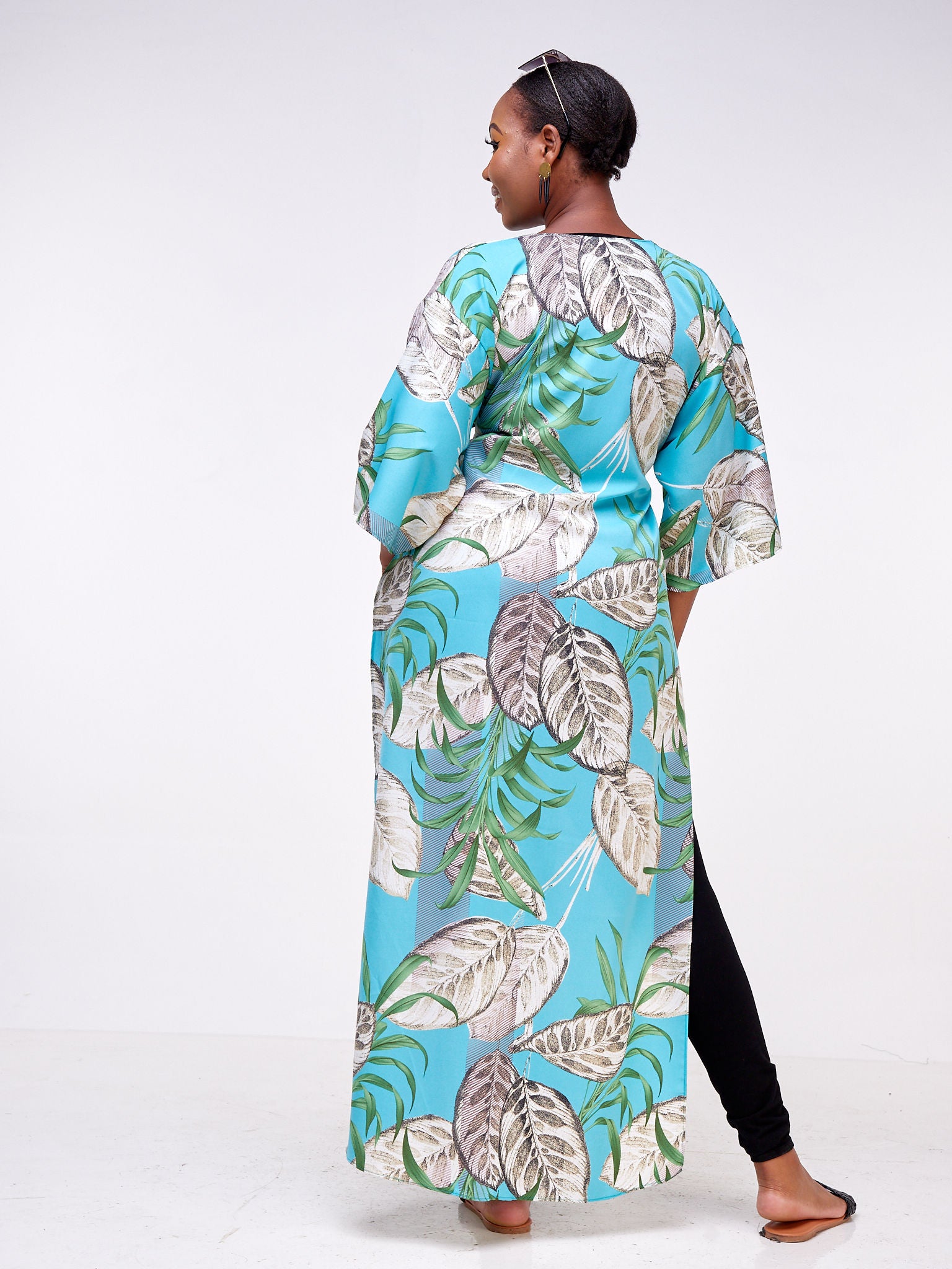 Vivo Basic Nandi High Slit Kimono - Blue / Green Leaf Print