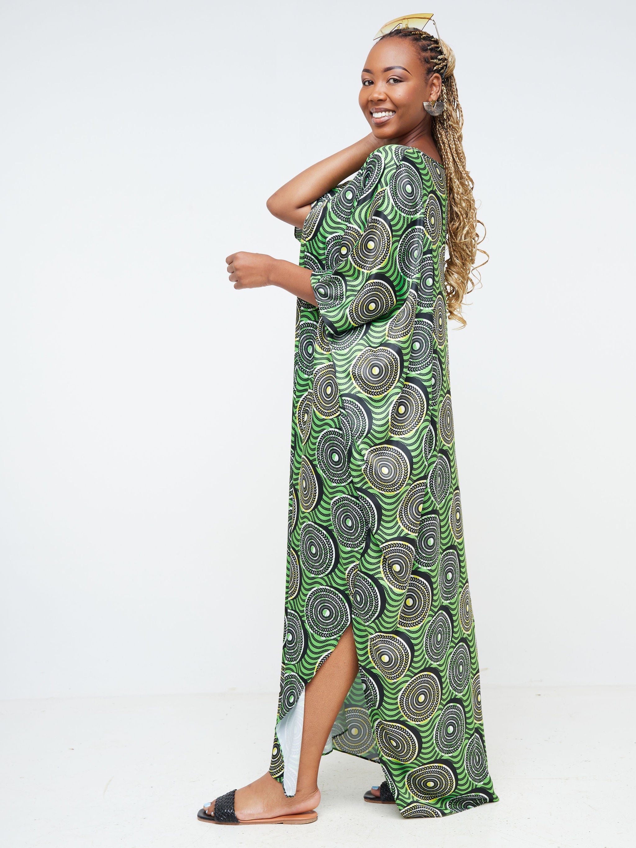 Vivo Alek Kaftan Dress - Green / Black Abstract Print