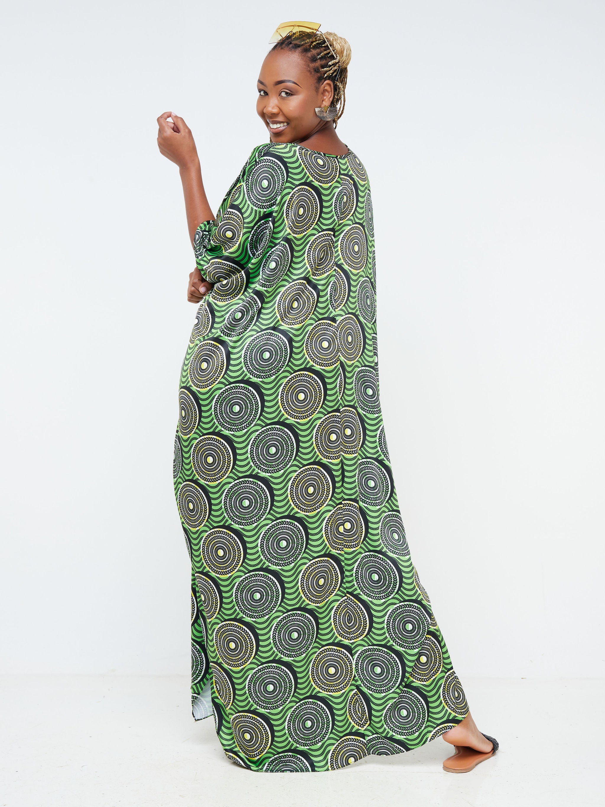 Vivo Alek Kaftan Dress - Green / Black Abstract Print