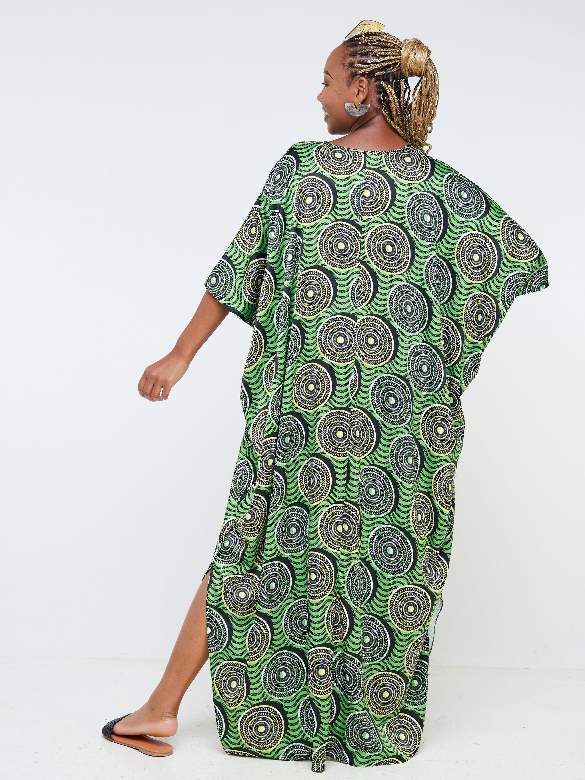 Vivo Alek Kaftan Dress - Green / Black Abstract Print