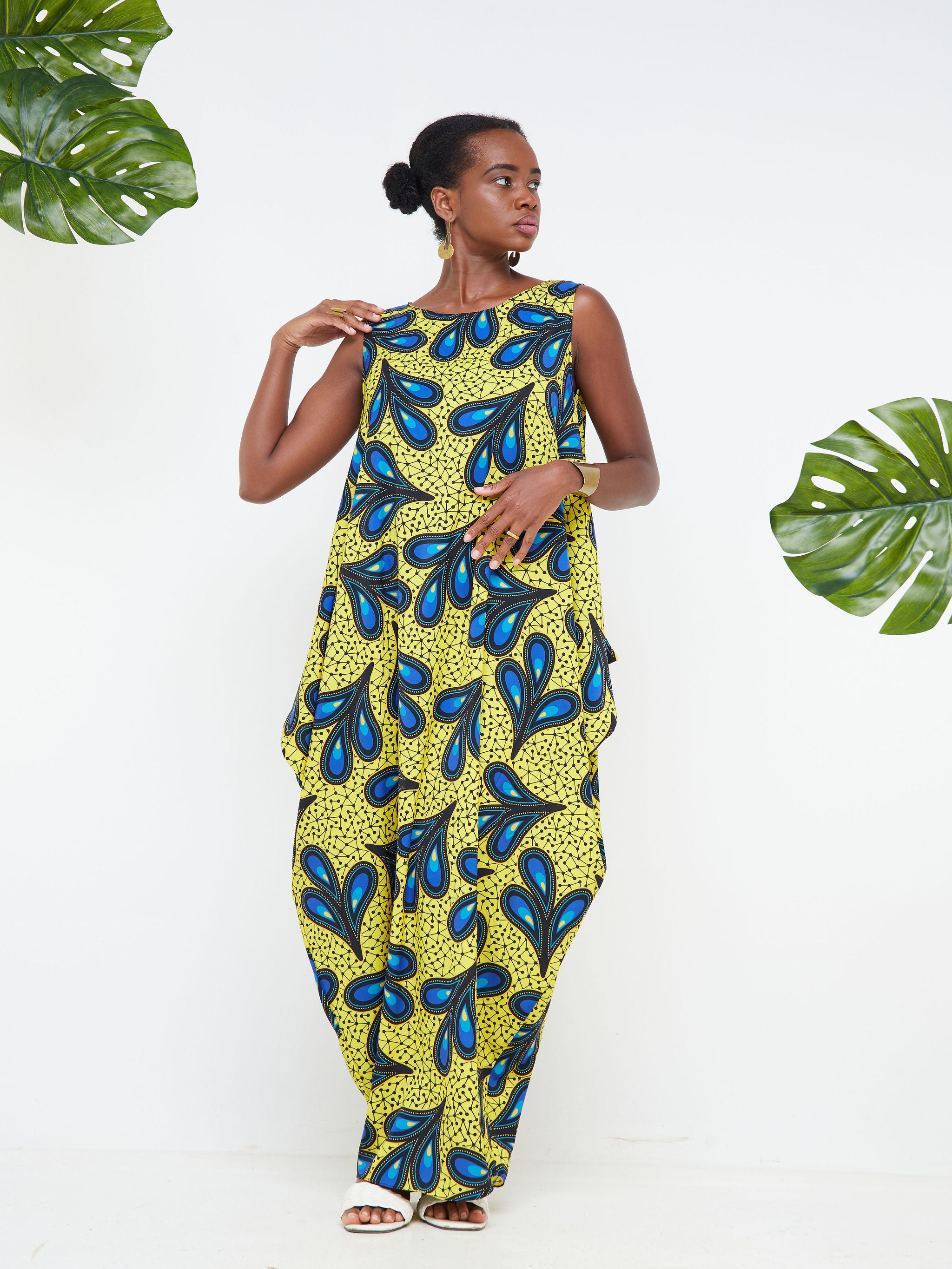 Vivo Alek Side Cowl Sleeveless Maxi Dress - Yellow / Navy Blue Abstract